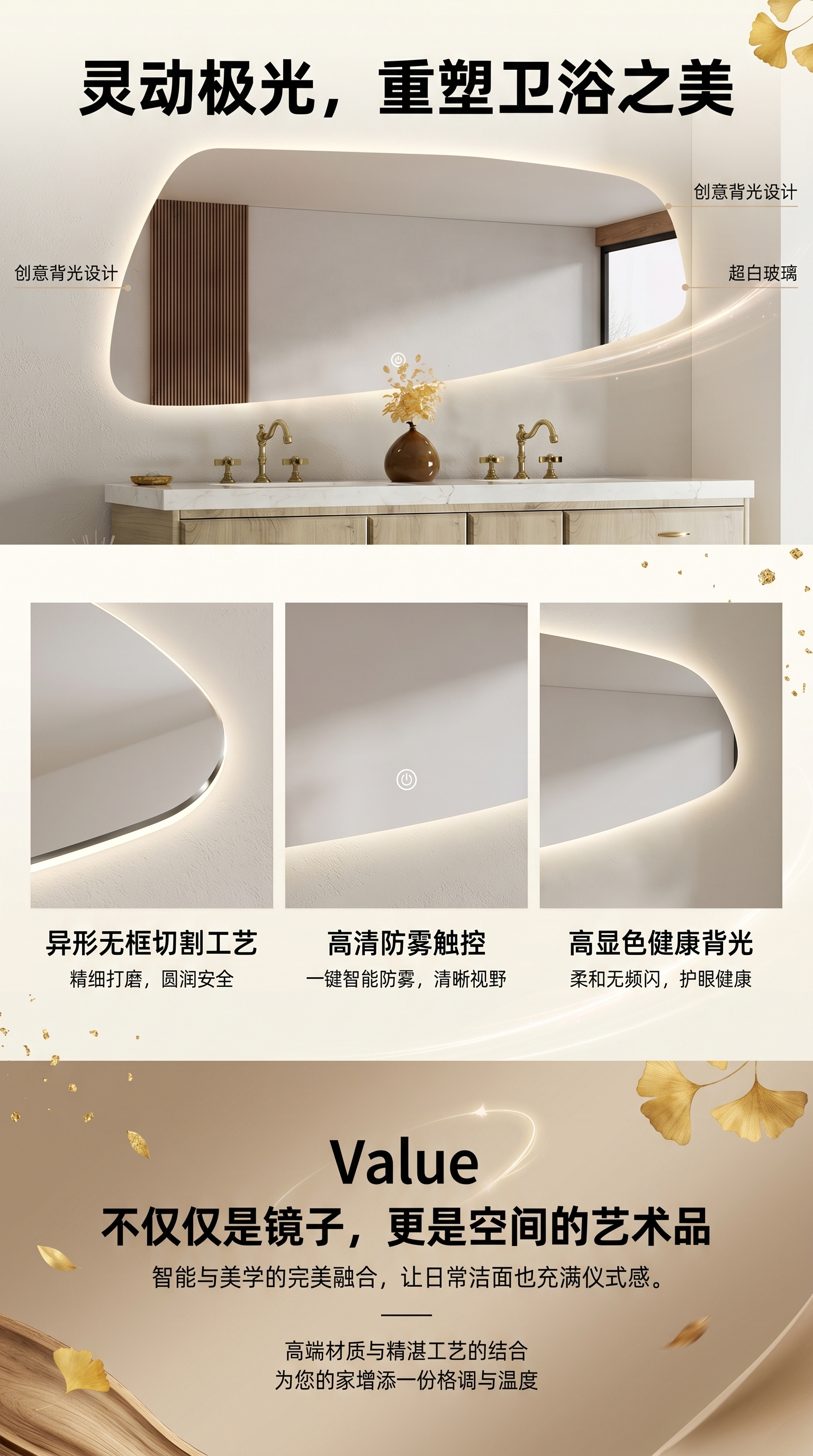 现代简约浴室镜 全铜镜框防雾镜子详情1