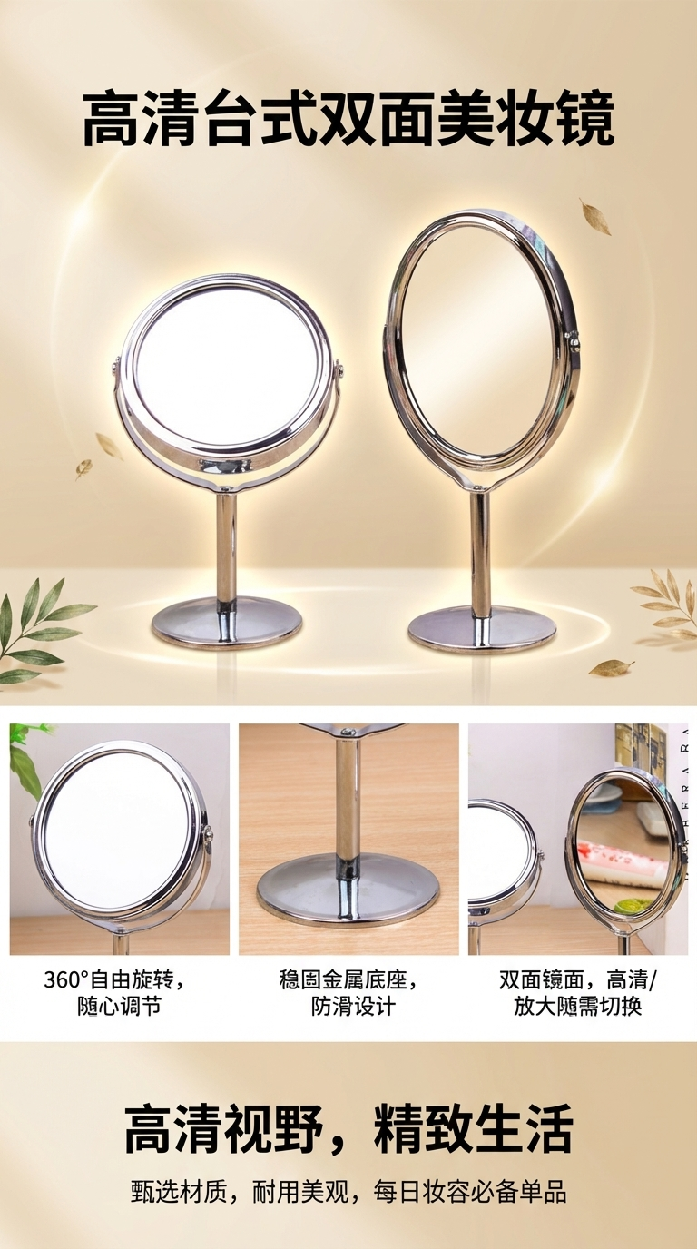 Metal circular countertop makeup mirror with rotatable tabletop, 1:2 magnifying glass, European princess mirror, double-sided dressing mirror, 3-inch circular pic 1