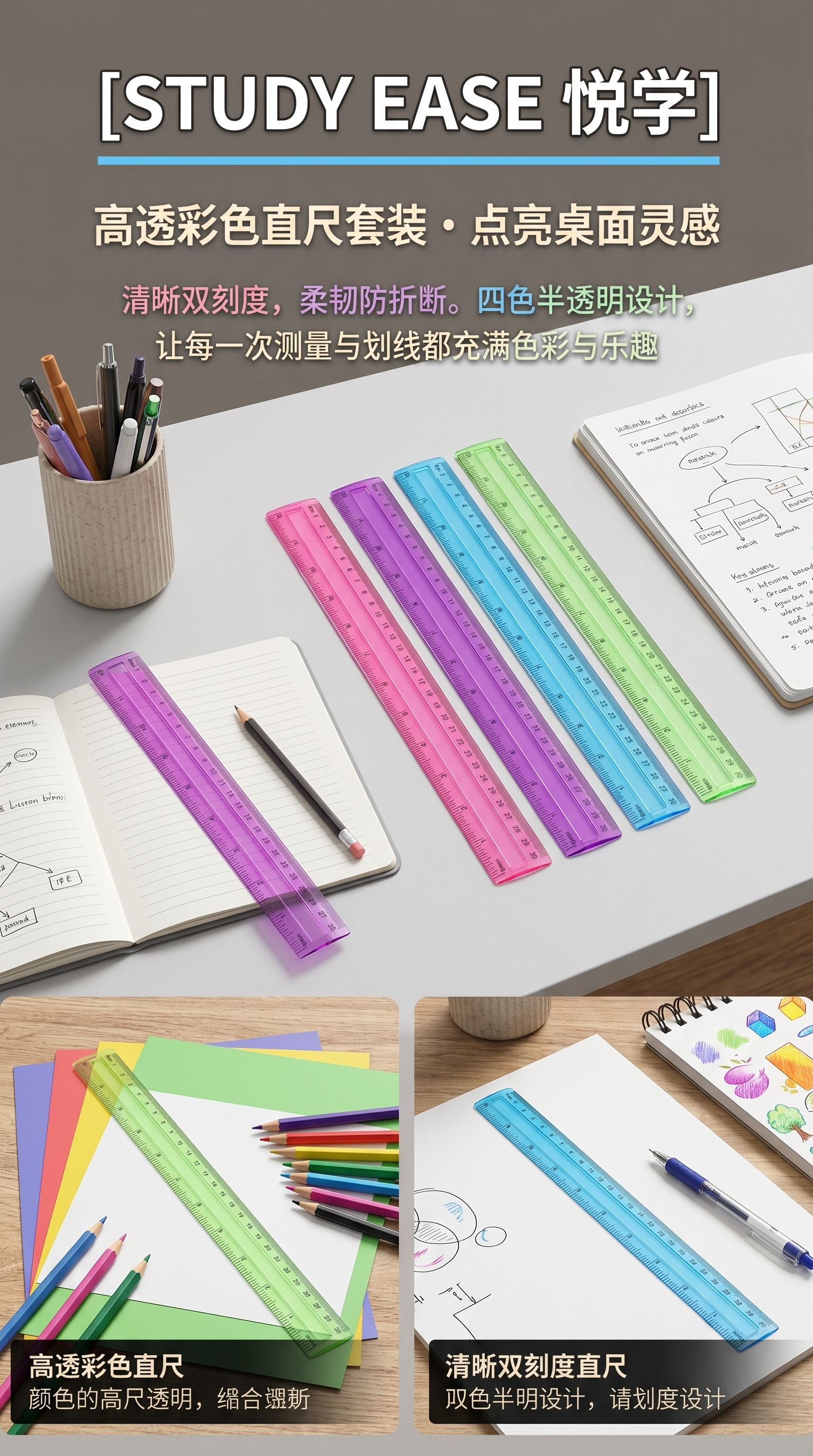 彩色尺子套装 45cm 三角尺量角器绘图工具学生用171156813详情1