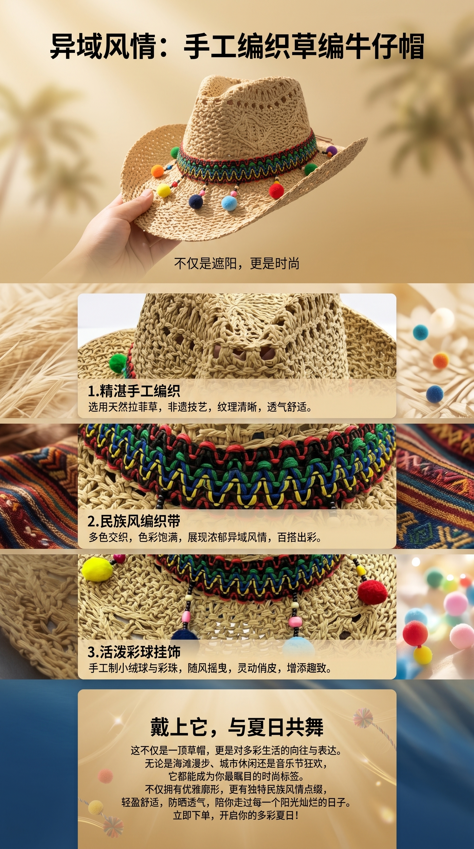 Hand-woven straw hats, wide-brimmed sun hats for men and women, summer western cowboy hats, outdoor beach sun protection hats pic 1
