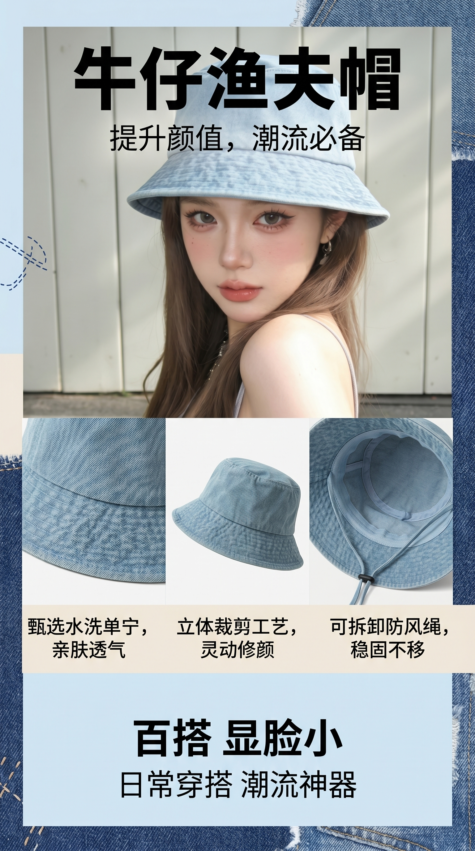 A washable fisherman's hat for women in spring, summer and autumn, a retro, versatile, simple and sun-protective denim basin hat from a Japanese trendy brand pic 1