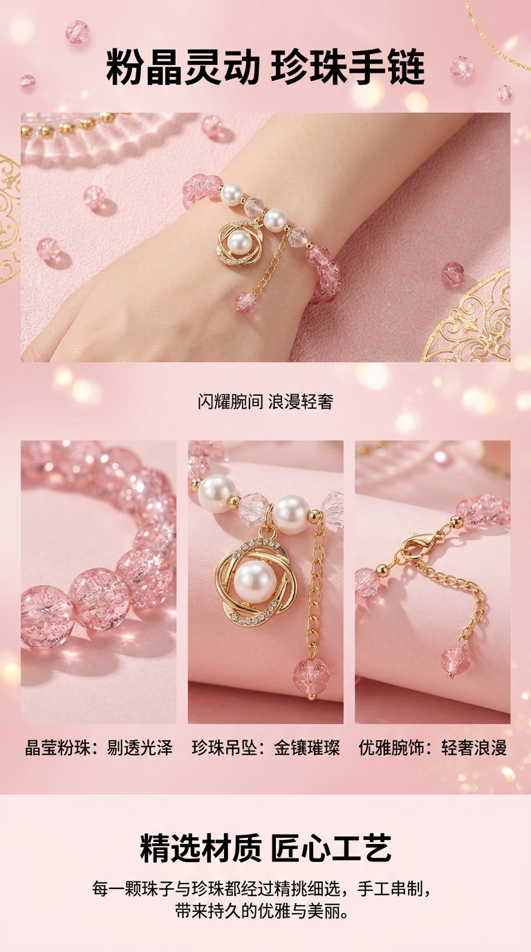 A simple and fashionable gift for girls with a pink crystal imitation pearl bracelet pic 1