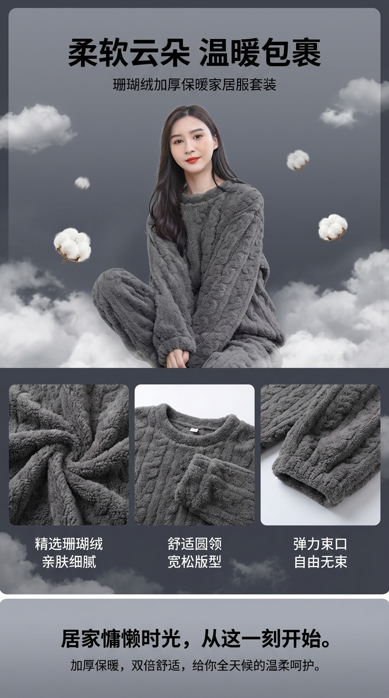 女士法兰绒真丝睡衣家居服套装舒适透气保暖居家穿着120128084详情1