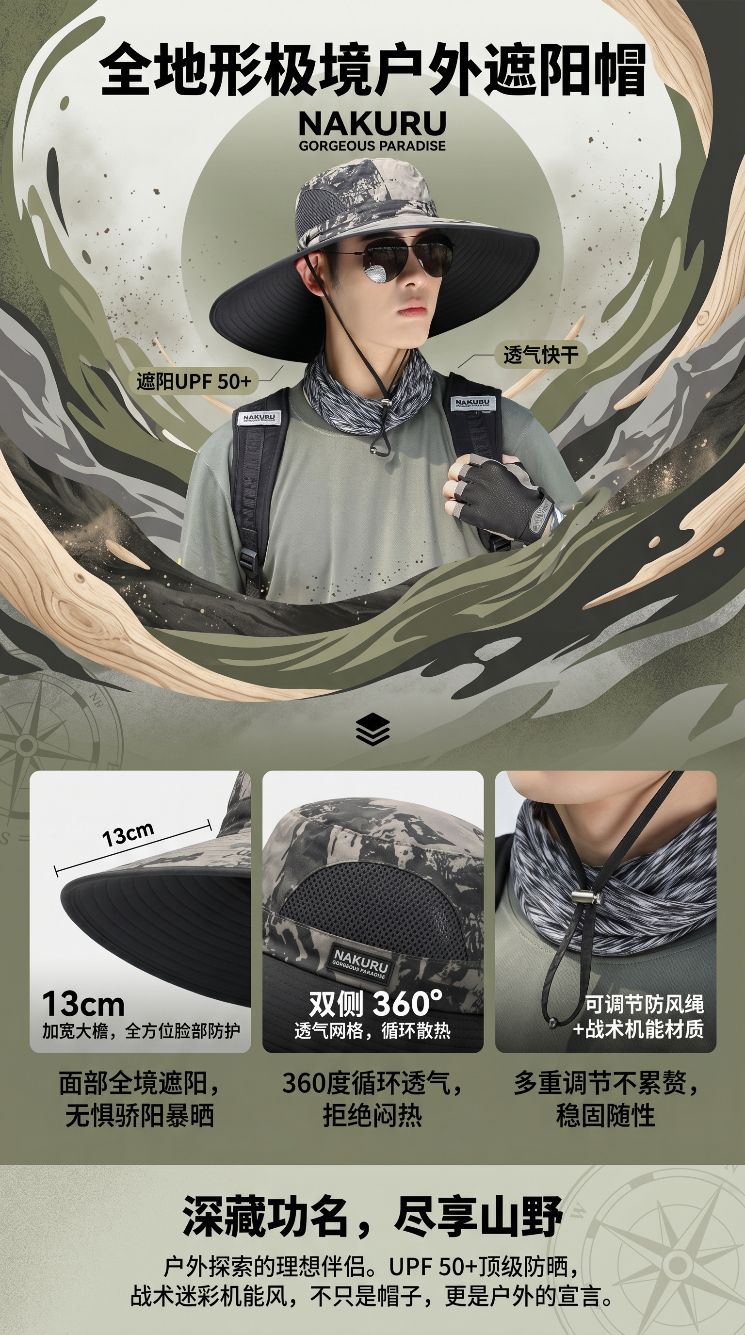 15CM large brim hat, men's outdoor sunshade and sun protection hat, summer sun hat, fishing hat, mountain climbing fisherman hat pic 1