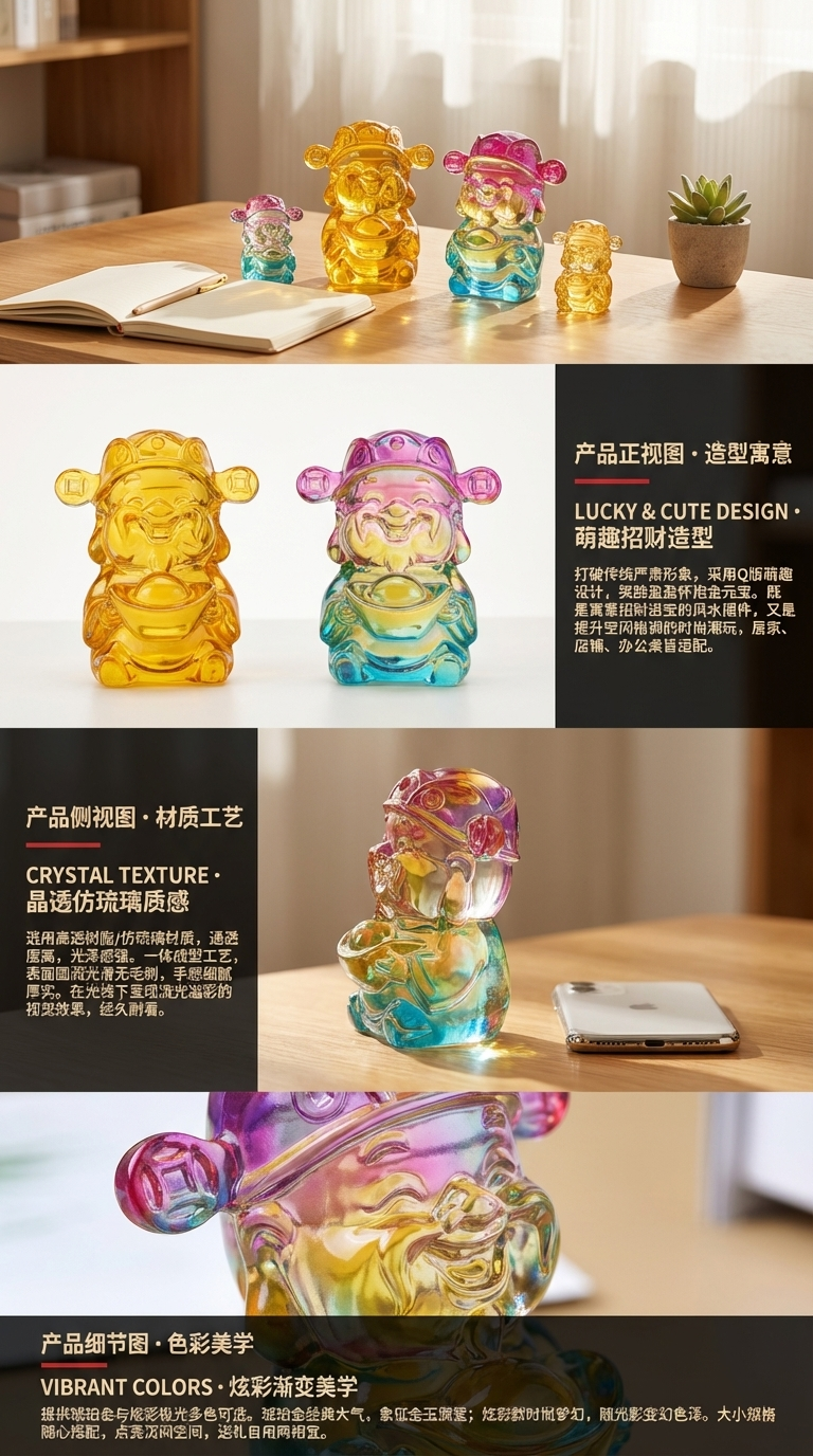 水晶摆件财神元宝钱袋金砖貔貅苹果玻璃琉璃芒果小猪狐狸如意花生详情2