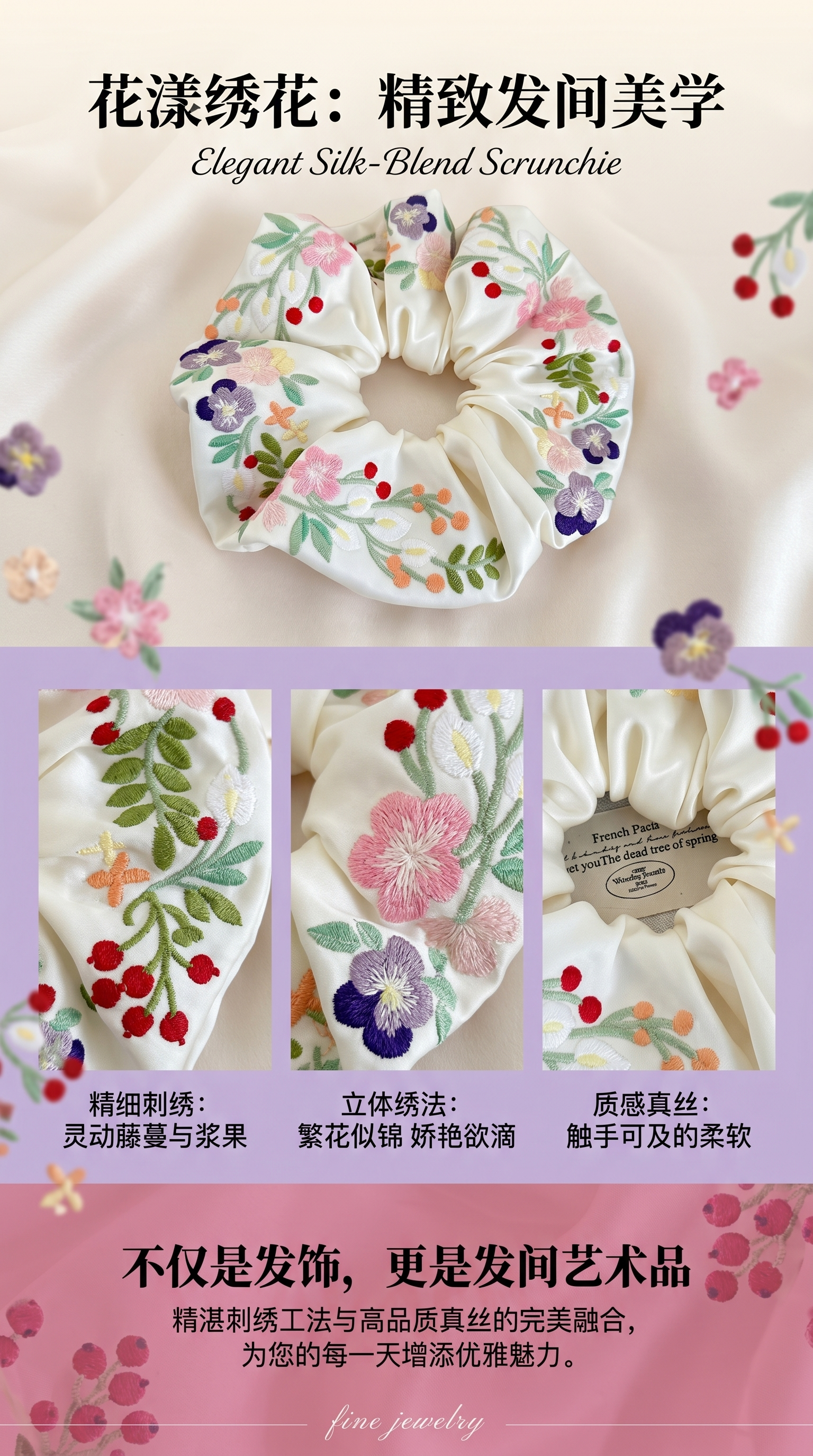 Embroidered flower large intestine hair band, hair accessory, square scarf cover decoration pic 1