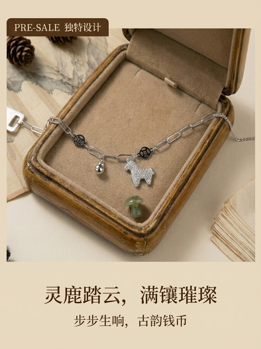 S925星铃灵鹿·轻奢守愿流光灵动小鹿铃铛可调节银饰手链银手链详情2