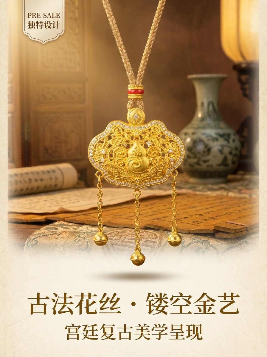 Gold hand-carved inlaid chain pendant, Thangka gold wrapped silver head jewelry, silver accessory jewelry pic 2