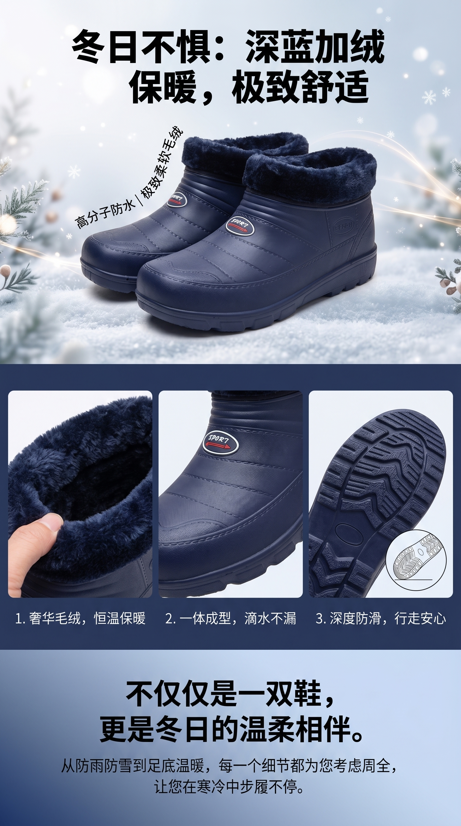 深蓝色毛绒内衬短筒靴冬季保暖防滑详情1
