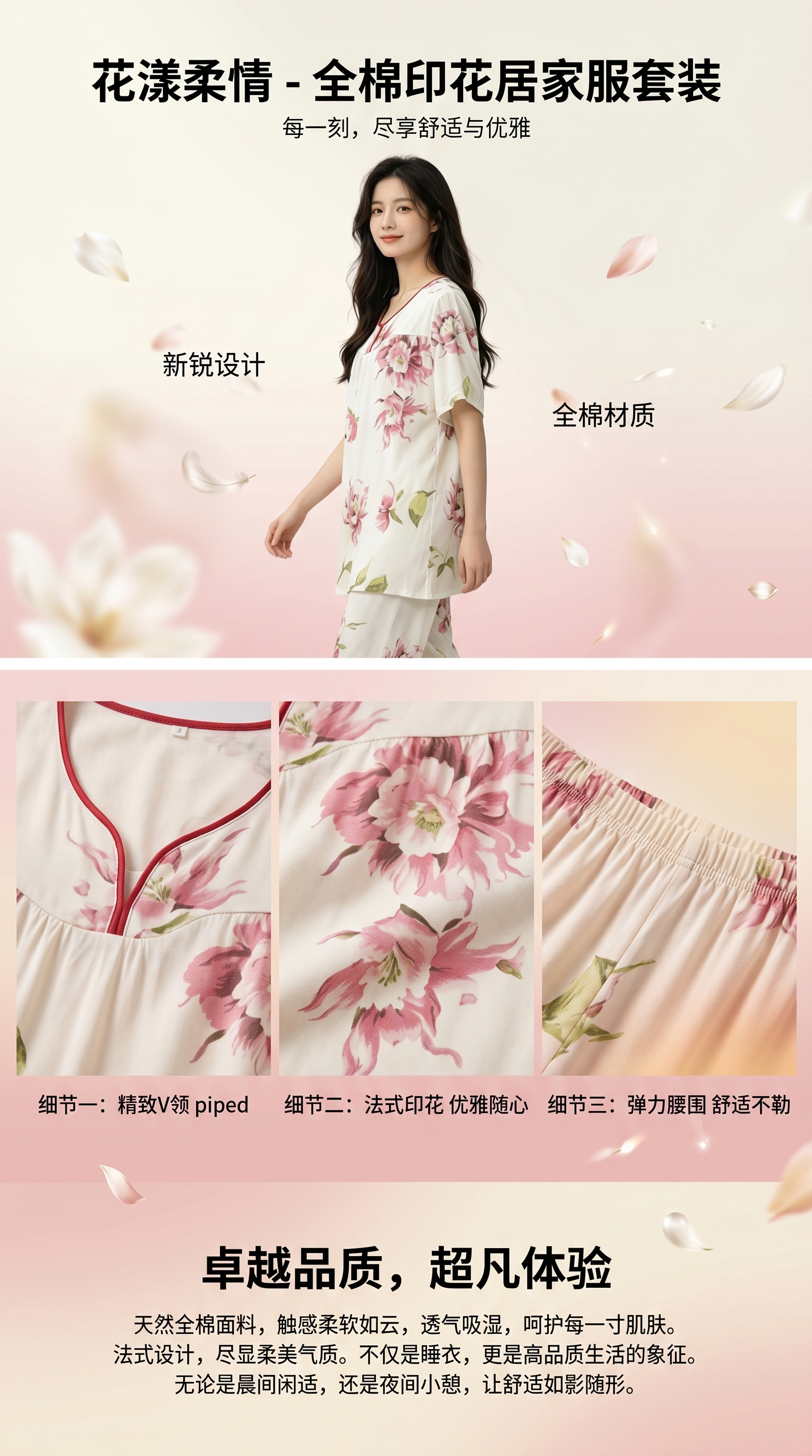 花卉图案女士家居服睡衣套装居家舒适睡衣女夏详情1