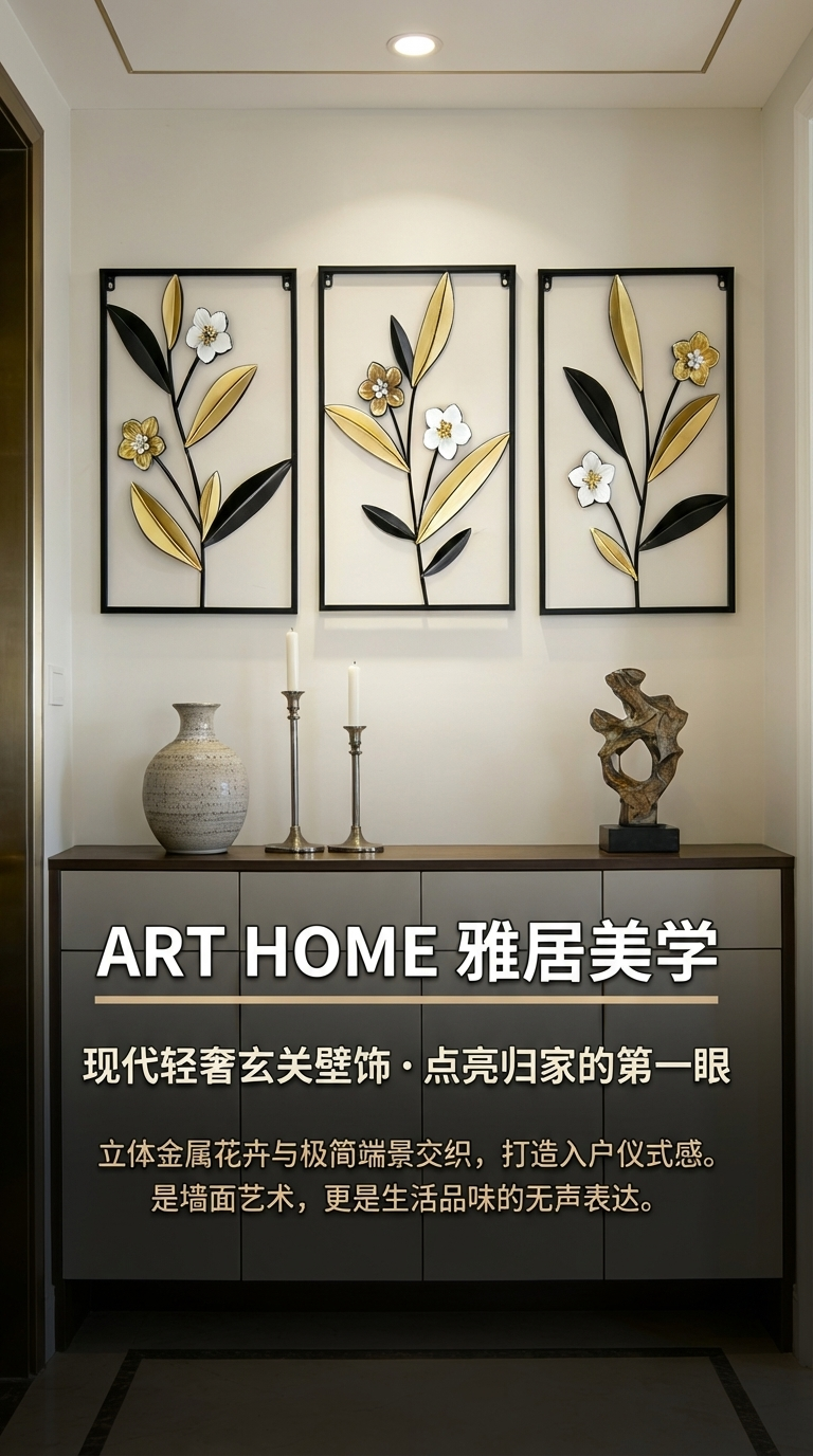 现代简约风格三联金属花卉挂画卧室壁画房间画客厅画框装饰品详情1