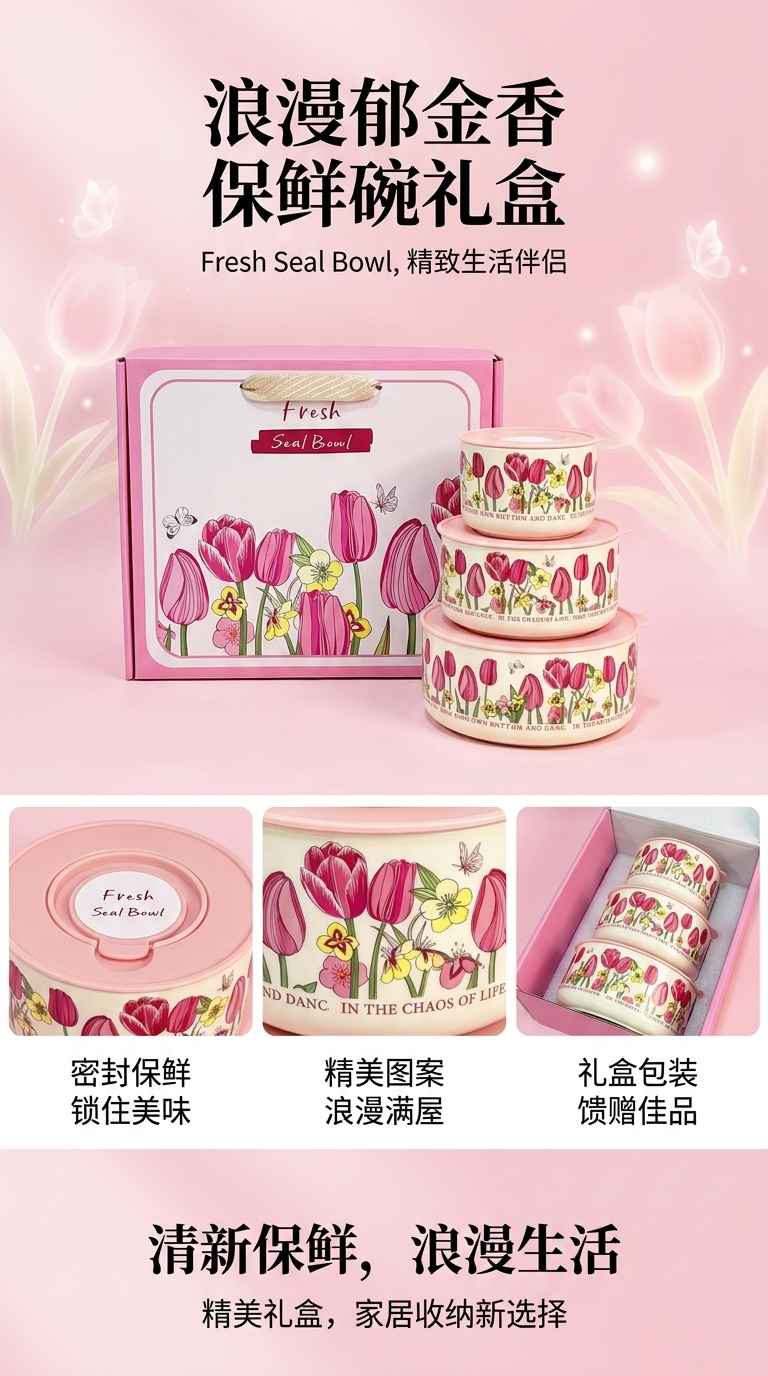 Pink tulip sealed bowl set, ceramic bowl bag lid, fresh-keeping food storage bowl three-piece set pic 1
