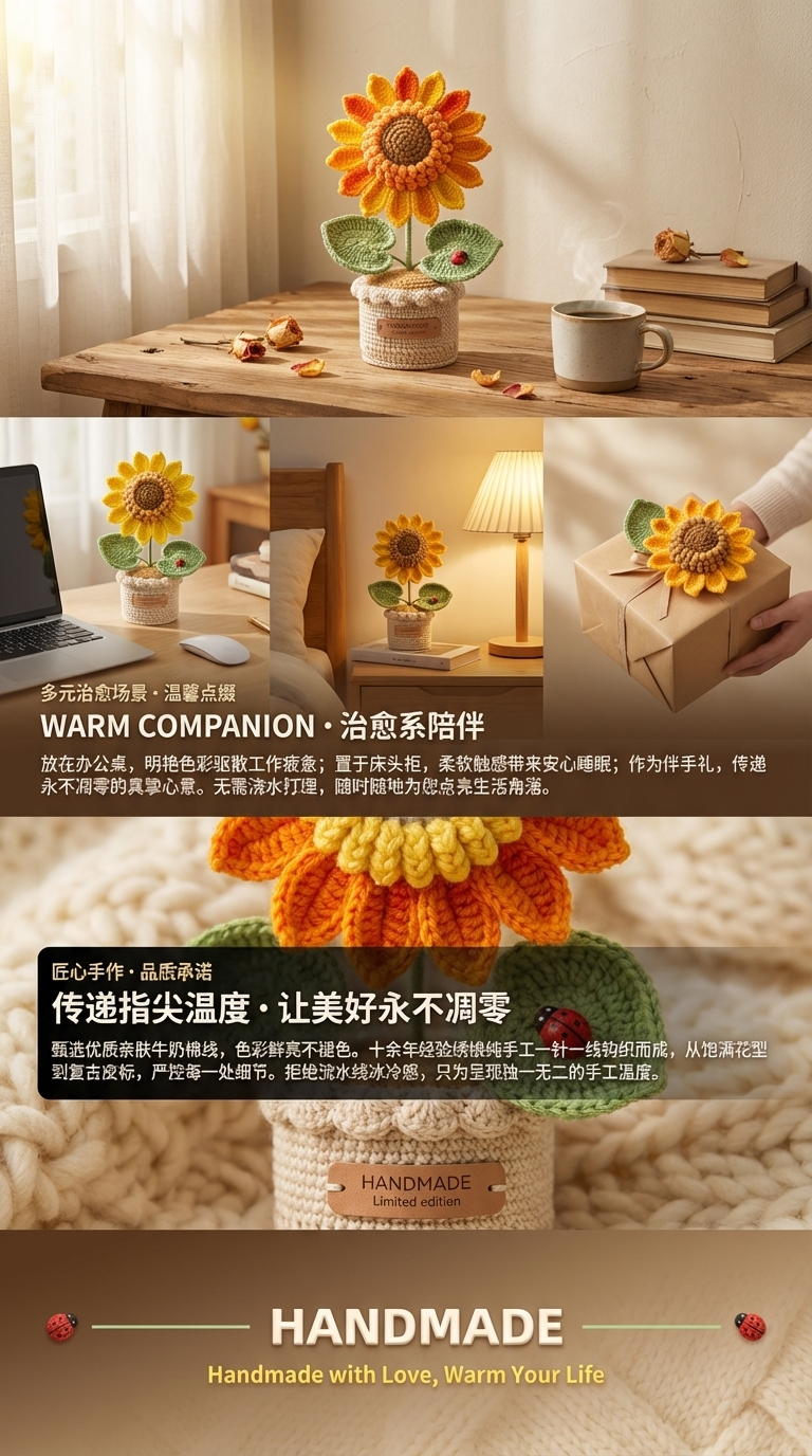 向日葵手工编织毛线花束针织盆栽详情3