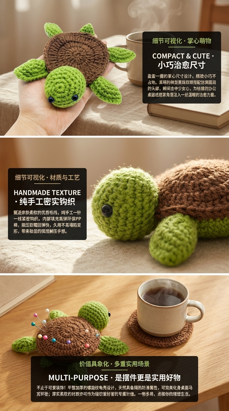新款亚马逊成品创意家居装饰毛线乌龟桌面摆件手工钩织动物杯垫详情2
