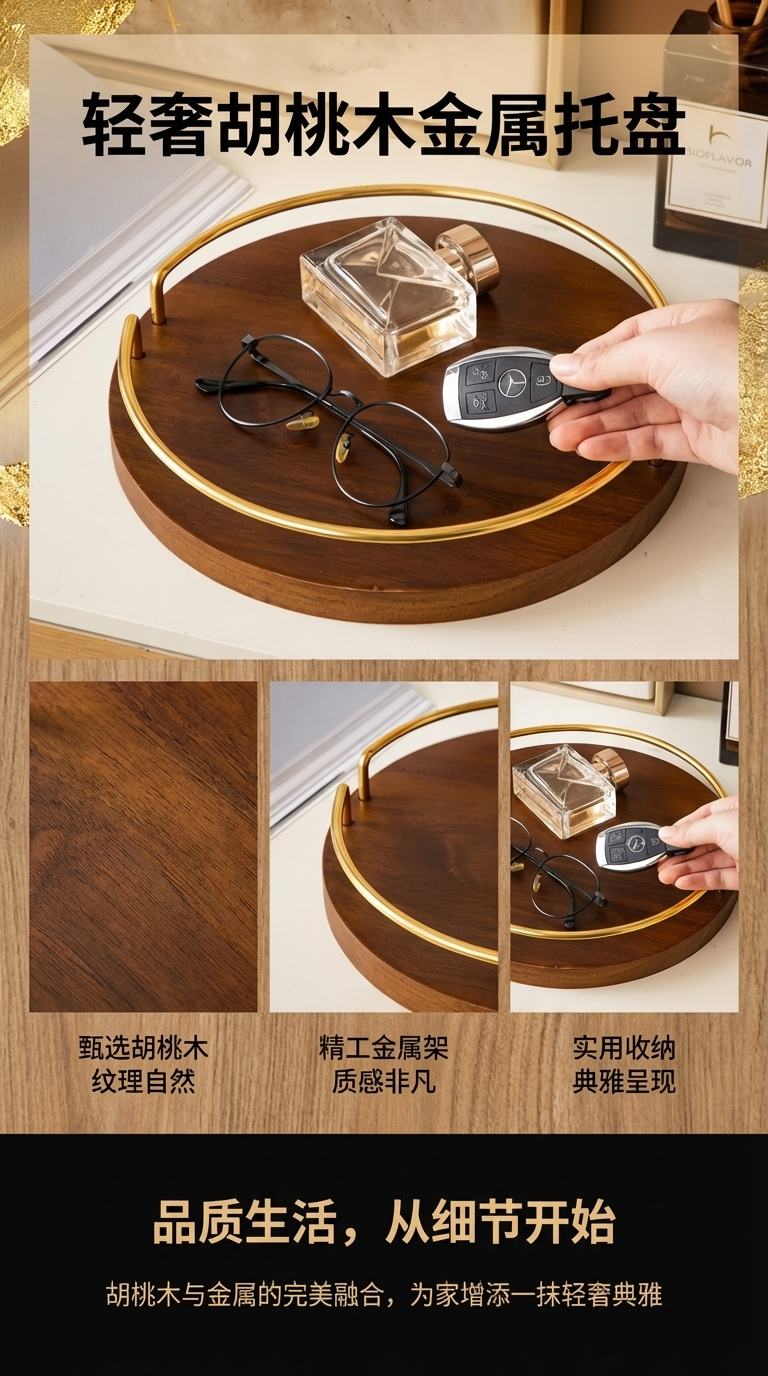 ins Acacia wood round storage plate, metal solid wood tabletop, dessert plate, fruit plate, tea plate, cup tray ht pic 1