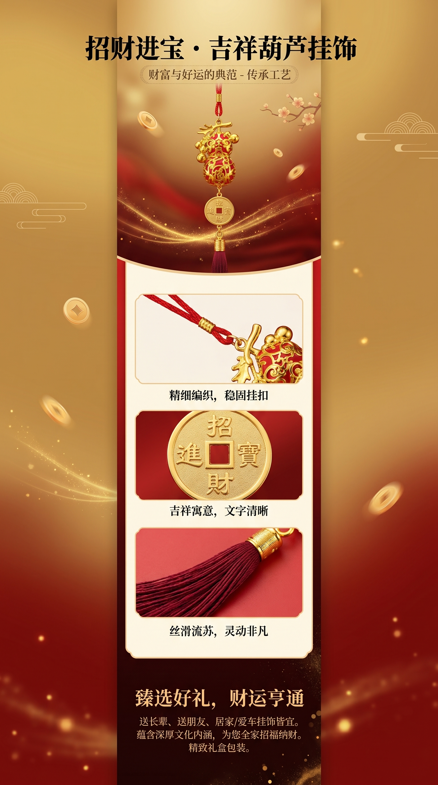 红色葫芦形挂饰 金色装饰 招财铜钱 红色流苏家居风水摆件详情1