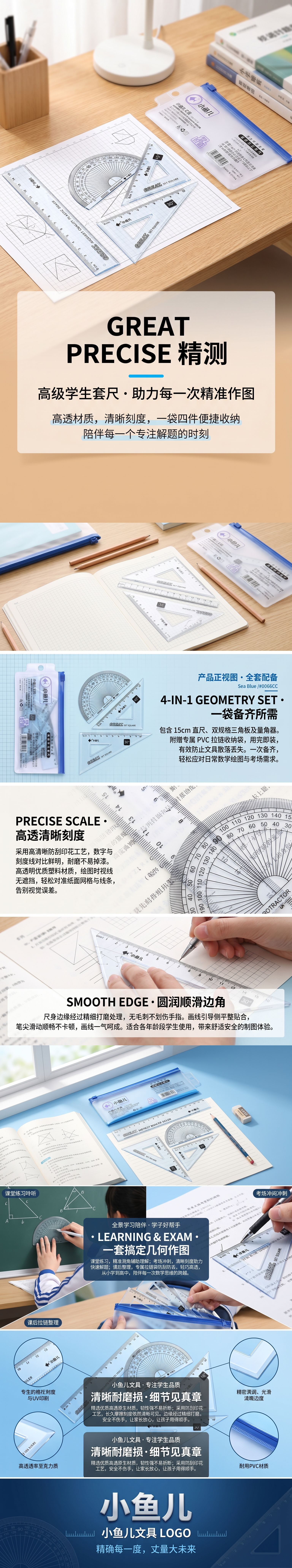 Stationery set, ruler, protractor, set square, student drawing tool set pic 1
