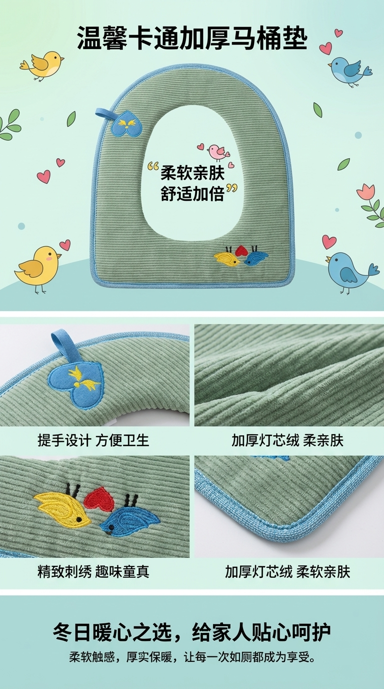 Nordic corduroy lovebird embroidered handle style small horizontal pattern warm toilet seat cover, toilet seat cover with Velcro strap style pic 1