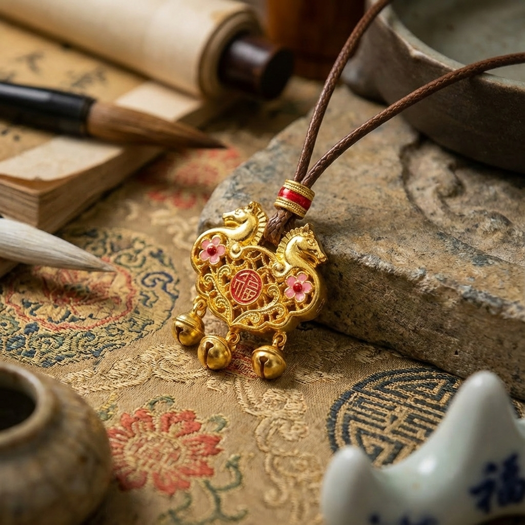 Gold double horse Thangka, hand-carved and hollowed-out, with gold and silver inlaid, chain head jewelry, silver accessory, New Year gift pic 1