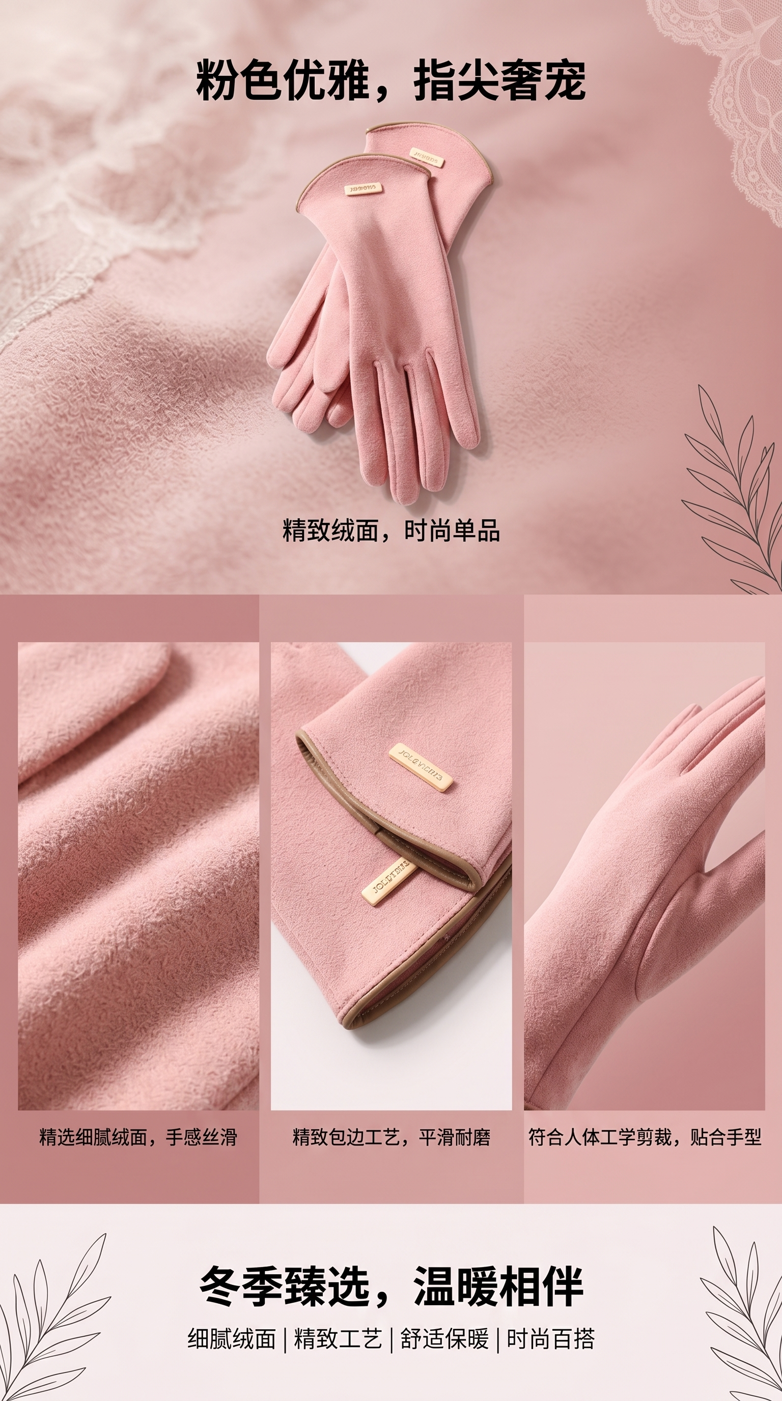 粉色女士保暖针织手套 修身防滑触屏秋冬款详情1