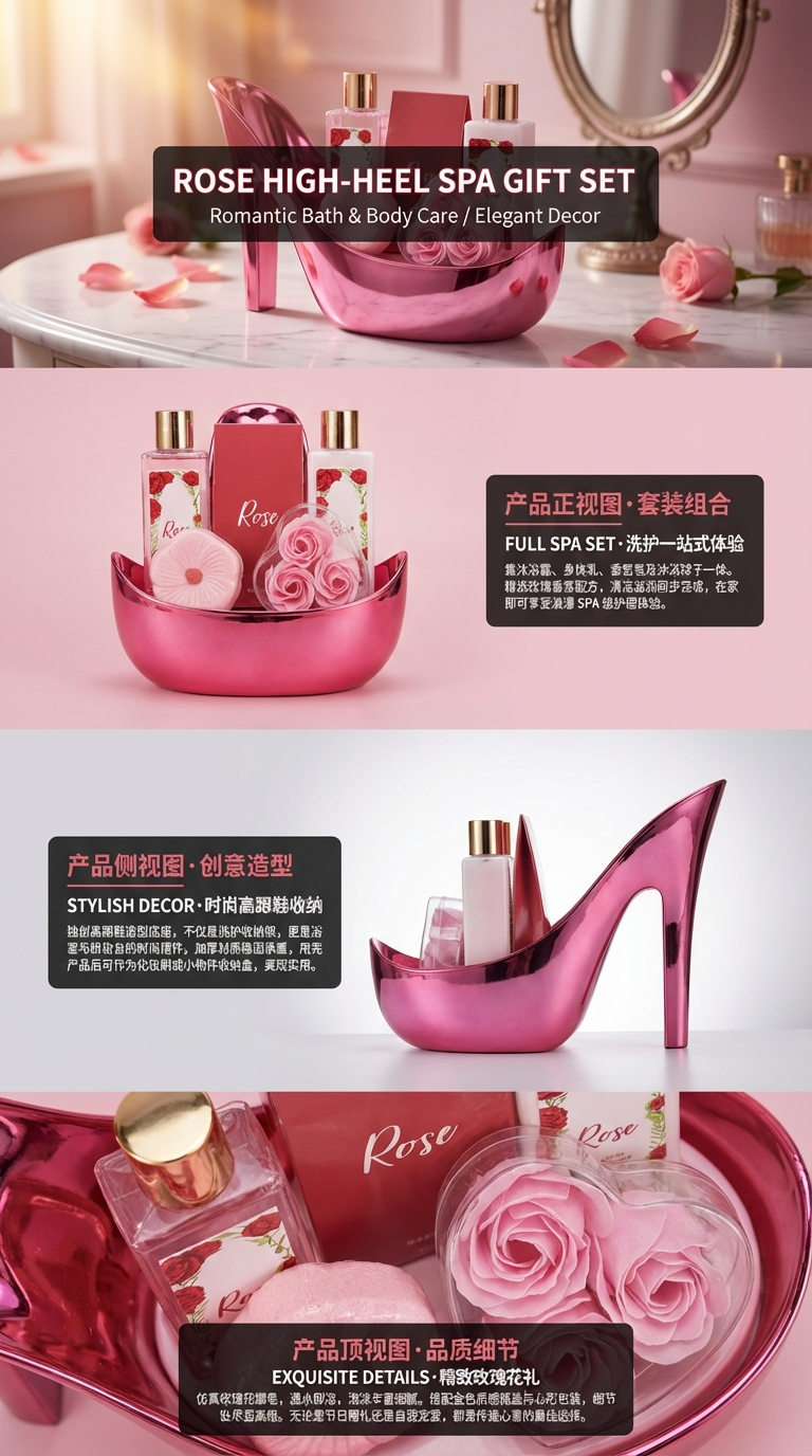 Rose-themed bath set, high-heeled shoe shaped gift box, souvenir, luxurious bath gift box, body lotion, body wash, bath salt, spa gift box pic 2