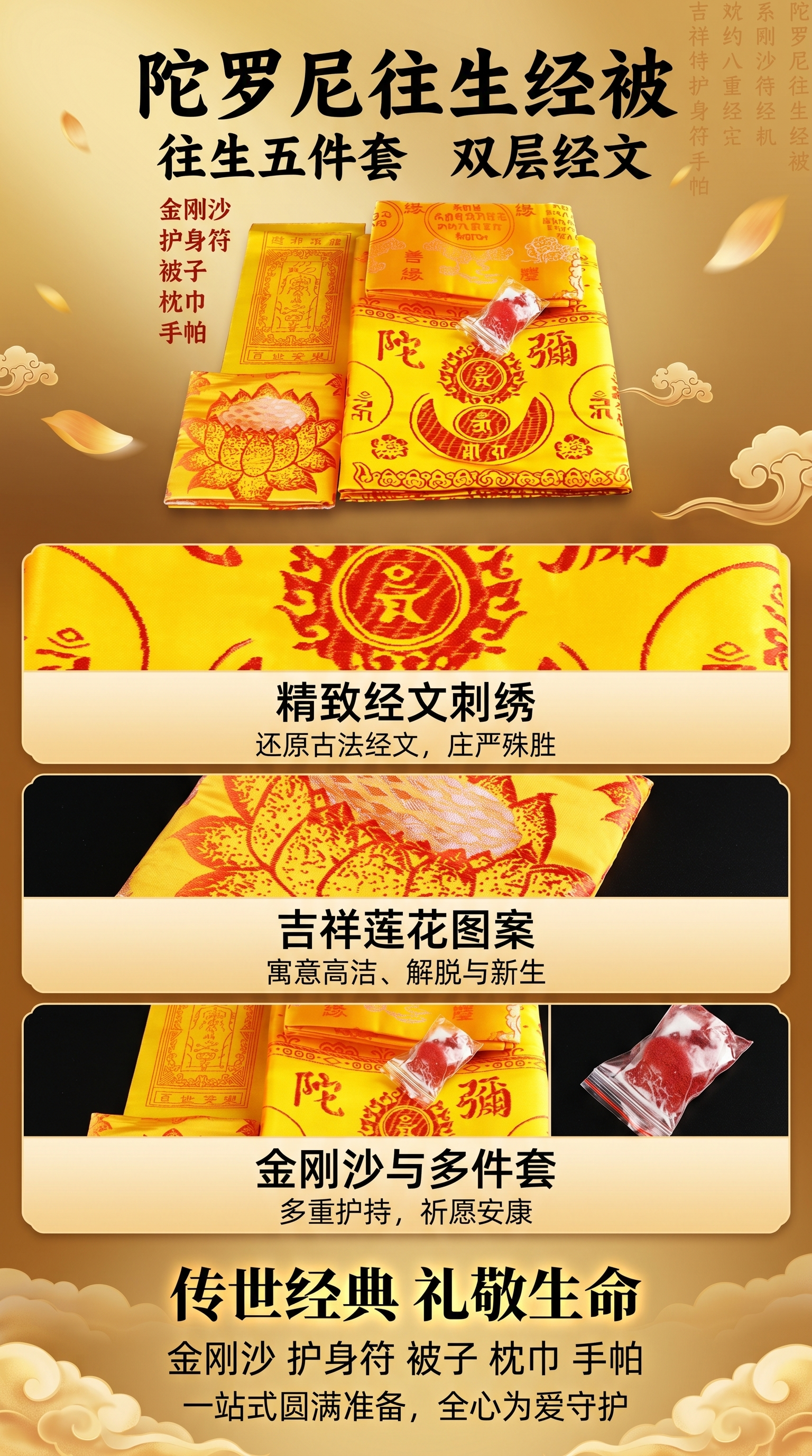 Yellow sutra blanket set, five-piece set of Dharani Rebirth Sutra, thickened brocade, silk embroidery of Rebirth Mantra, five-piece set of Dharani, widened and thickened wholesale pic 1