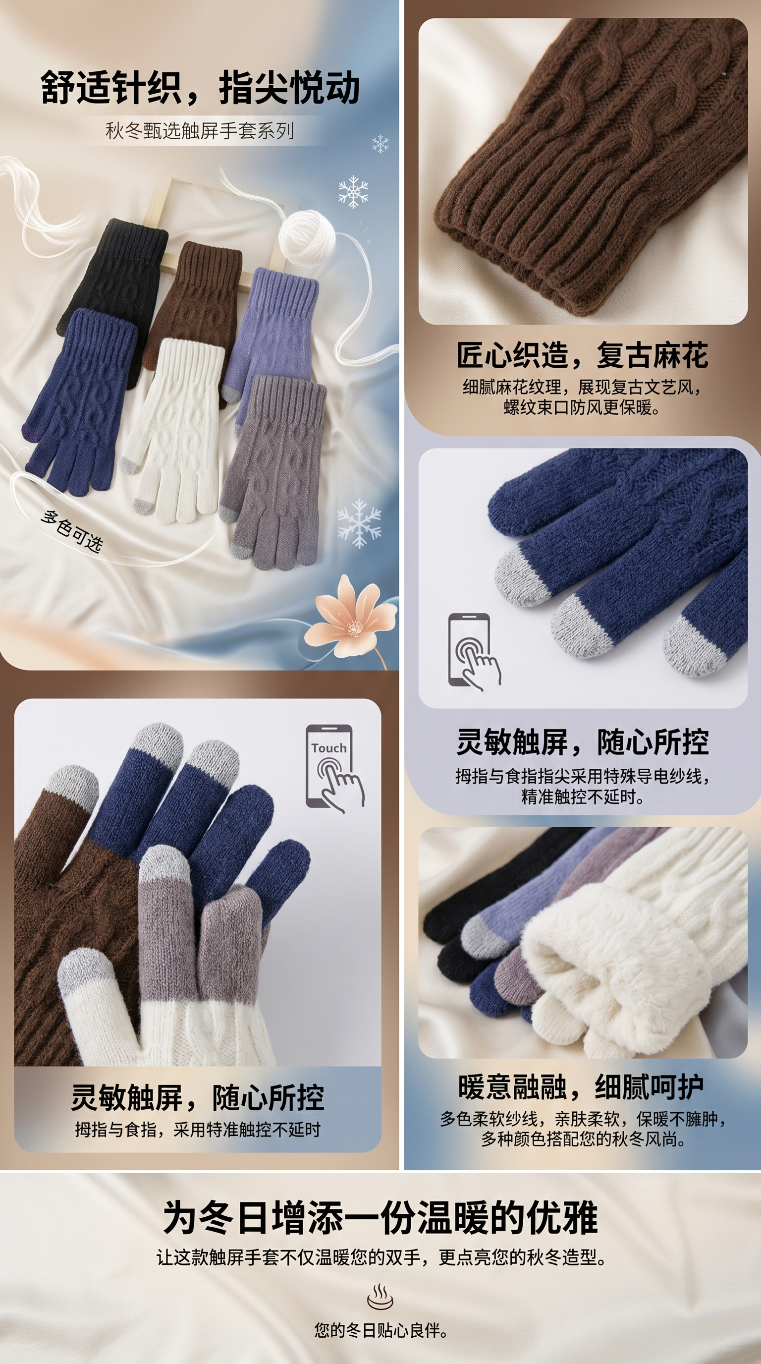 Knitted gloves for women, warm, anti-slip, touch screen, thickened plush gloves for autumn and winter pic 1