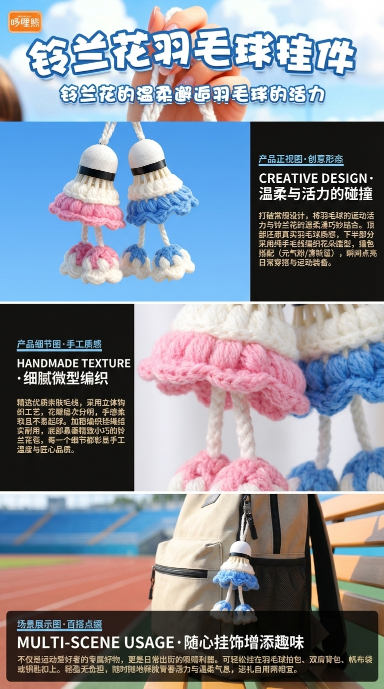 手工编织毛线钩织羽毛球钥匙扣背包挂件饰品运动风礼品批发详情2