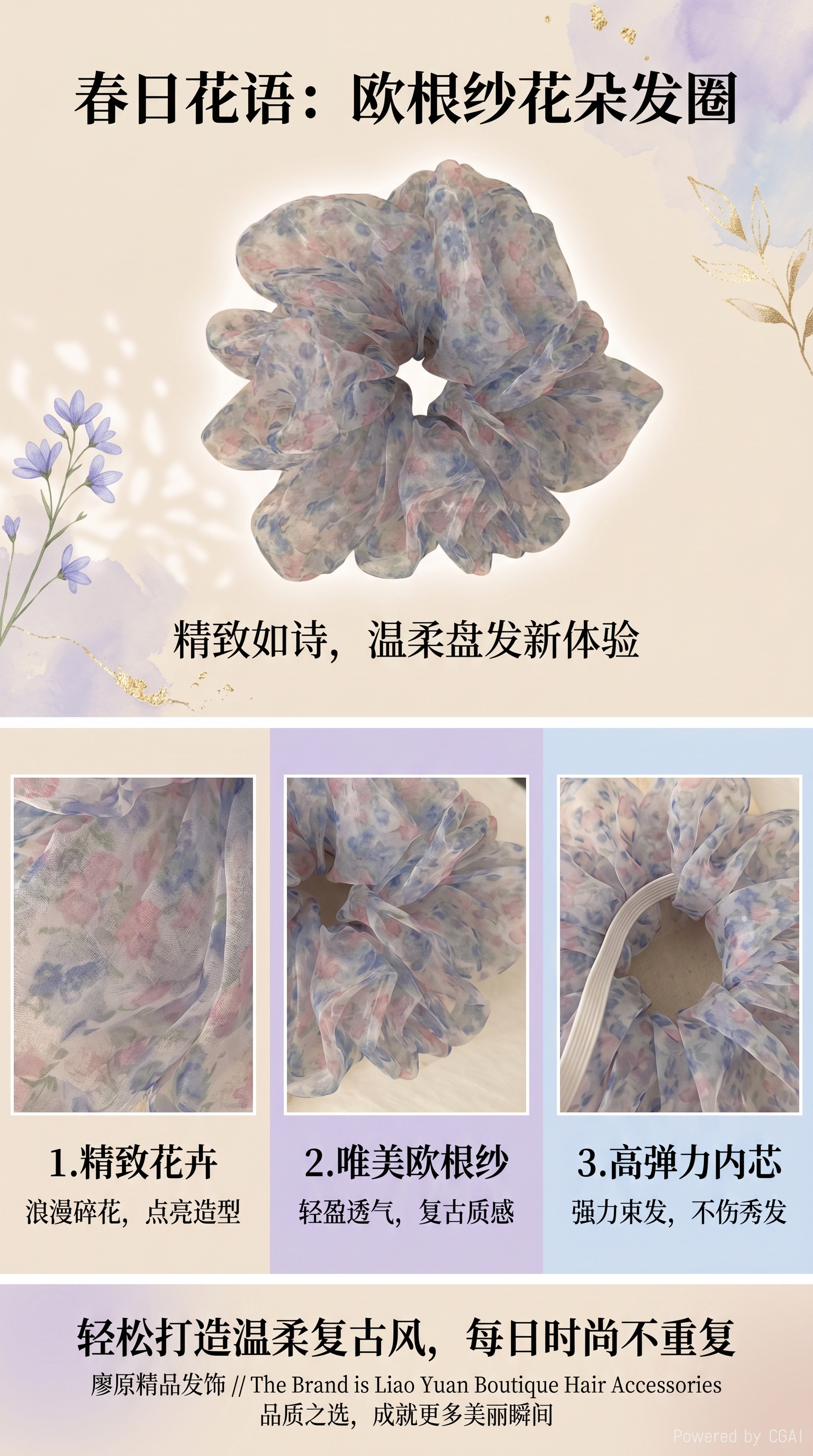 Transparent gauze floral pattern bow headscarf large intestine hair band pic 1