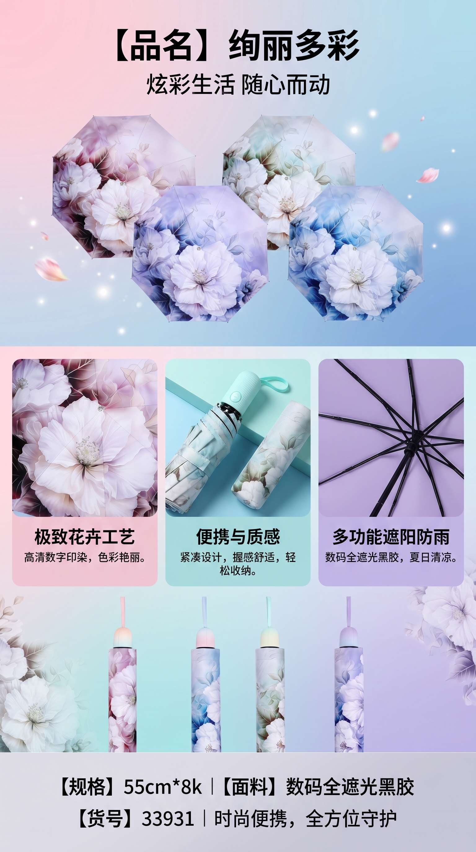 绚丽多彩花卉图案雨伞 防水防晒便携折叠晴雨两用详情1