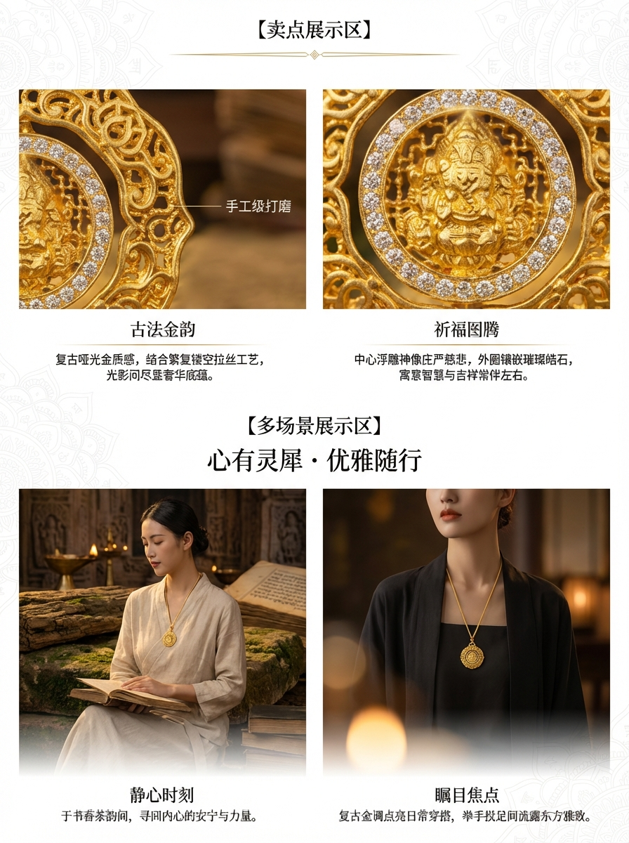 Gold, gold-encased silver, hand-carved ceiling, inlaid chain, flexible and rotatable Buddha statue jewelry for women, short style, simple and fashionable pic 3