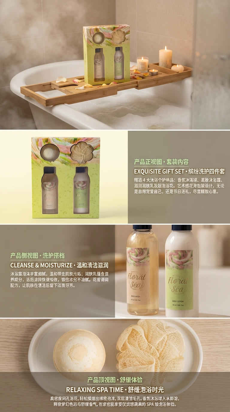 Floral fragrance bath set, beauty care combination, body wash, body lotion with explosive salt bath balls, a set of four pieces, suitable for family travel, gift set combination pic 2