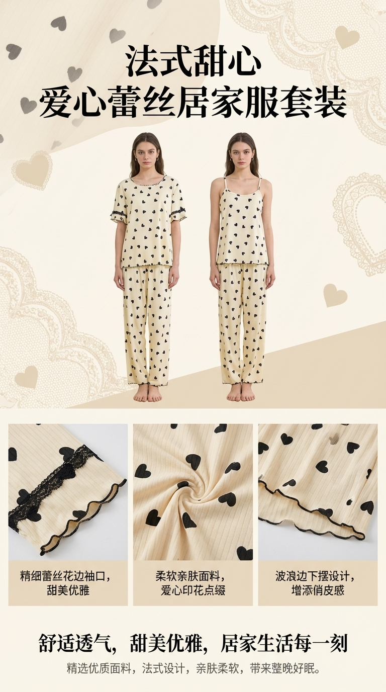 Heart-shaped pattern women's home wear set, short-sleeved and halter loose Korean-style sun protection and shading clothing pic 1