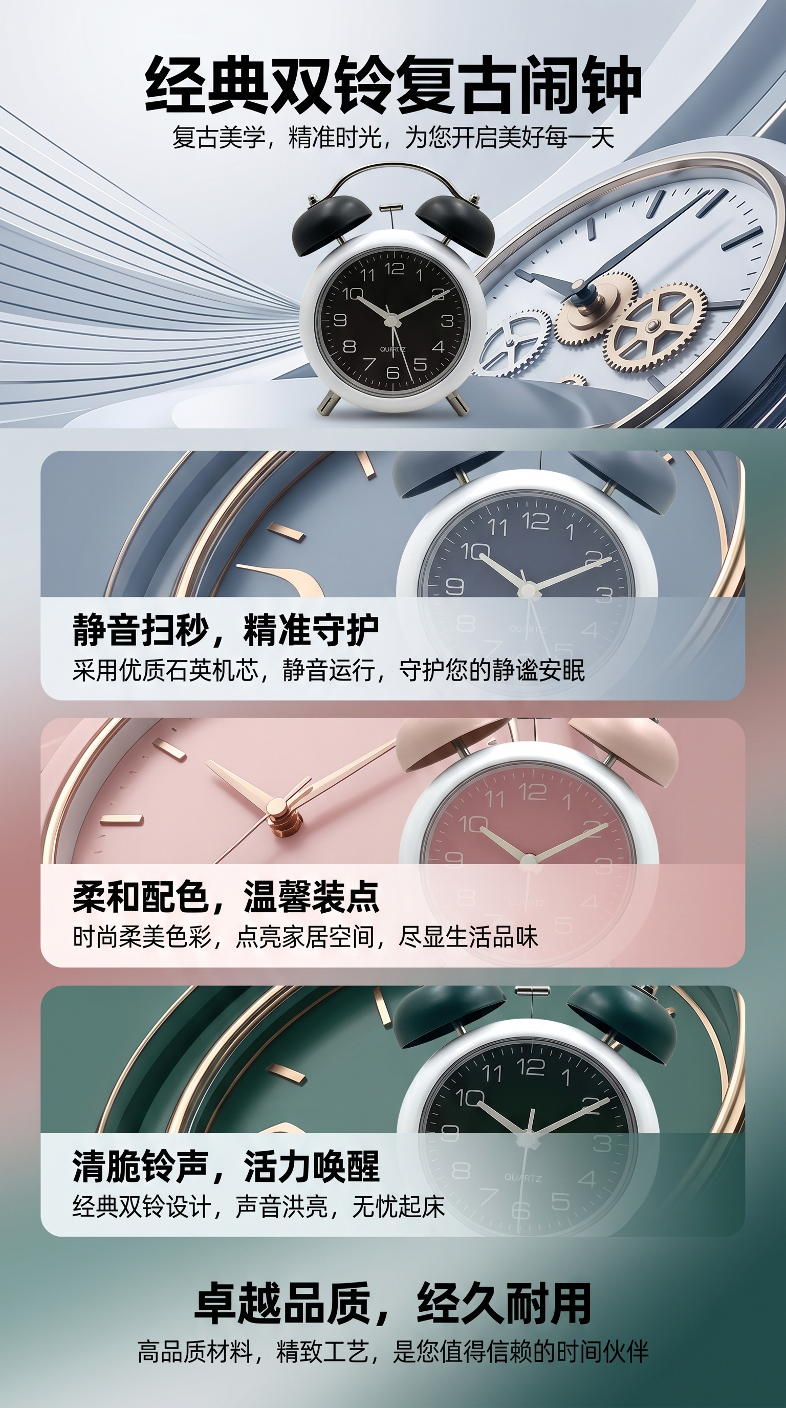 复古风格四色闹钟详情1