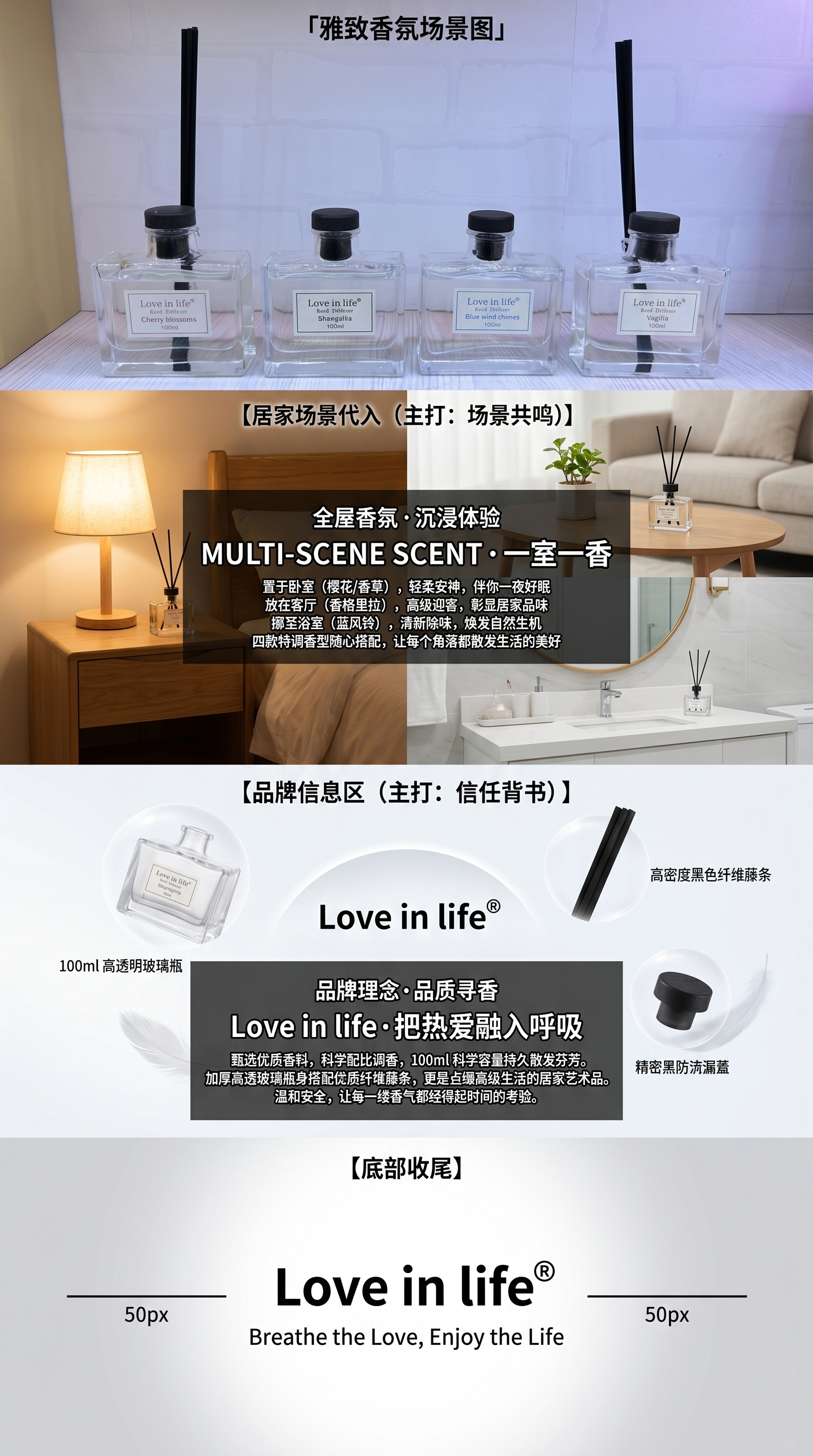 Love in life香薰扩散器四瓶装Cherry blossomsShangri laBlue wind chime详情3