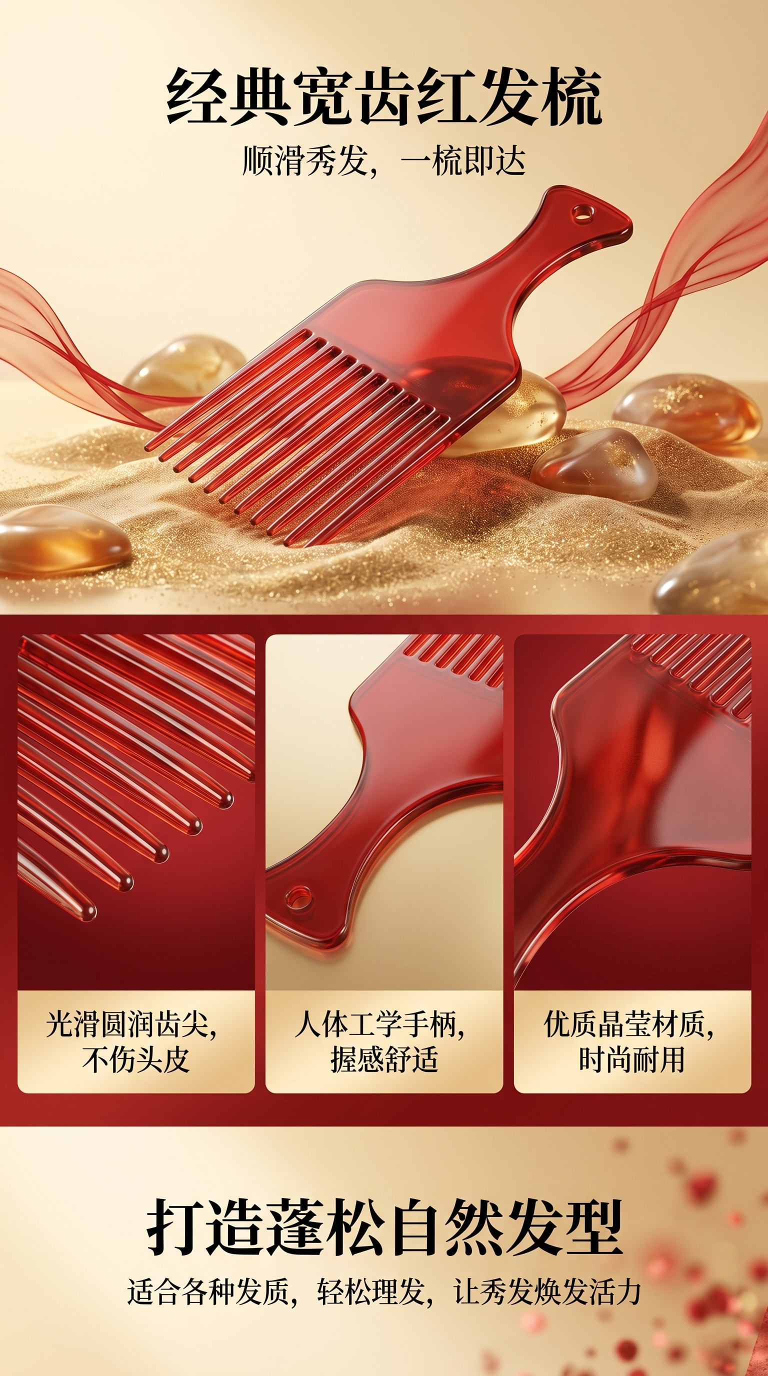 红色梳子梳子梳头神器防静电顺滑不掉发详情1