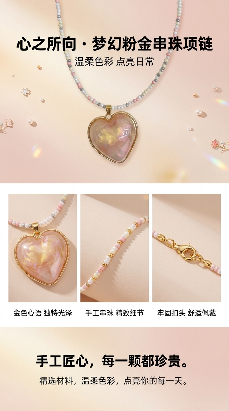 韩版甜美百搭糖果色爱心米珠项链串珠少女气质锁骨链女详情1