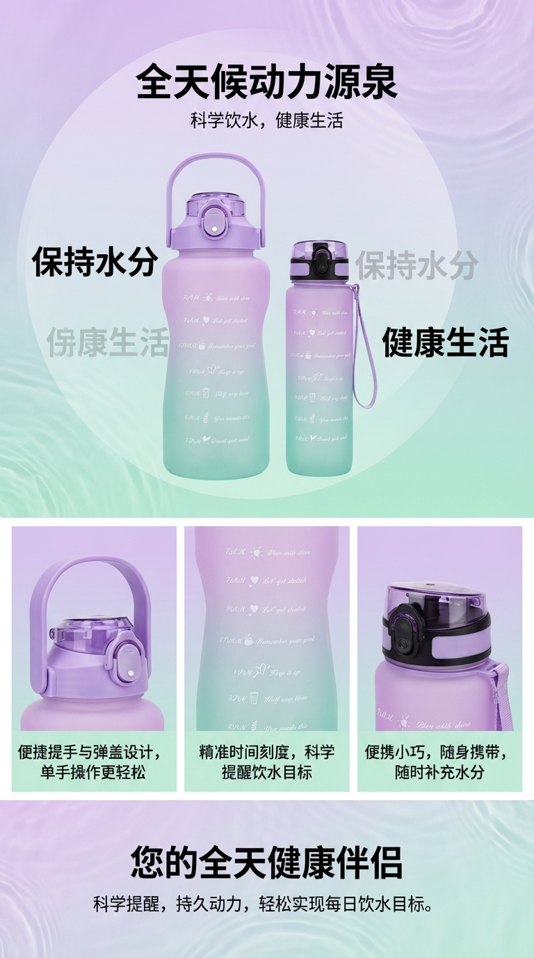 大容量塑料渐变水壶透明吸管水瓶耐摔杯子夏季网红男女运动太空壶详情1
