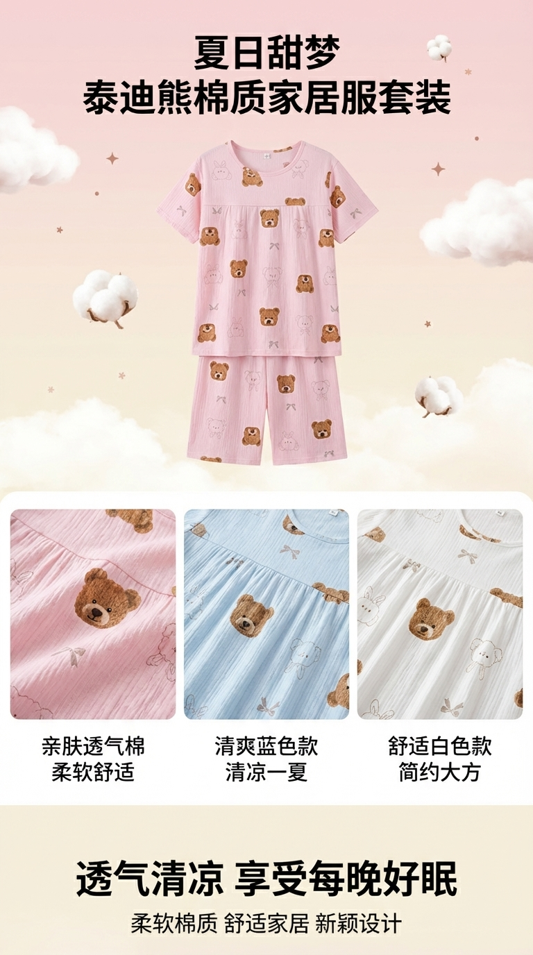 Cute little bear pattern children's modal cotton home wear pajama set summer export casual cotton imitation wrinkled fabric short-sleeved seven-inch pants pajama loose cartoon home wear two-piece set pic 1