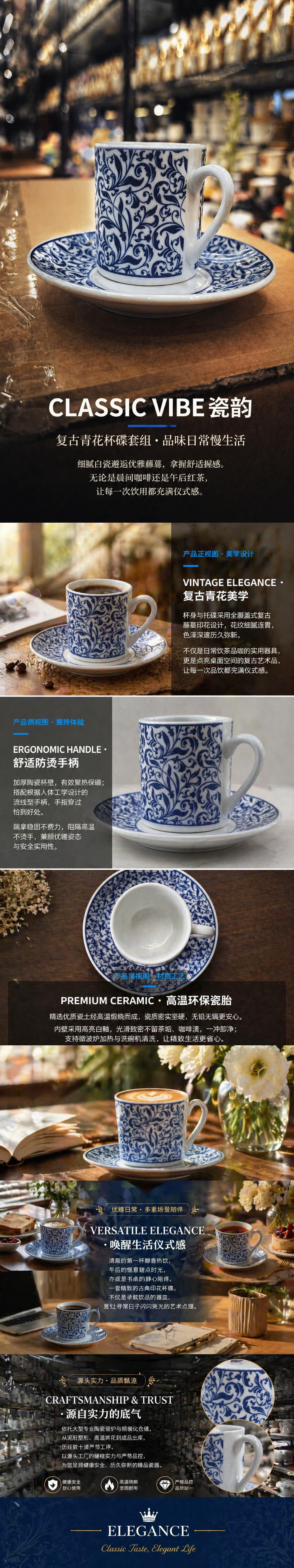 蓝白花纹茶杯茶托套装居家简约茶具组合详情1