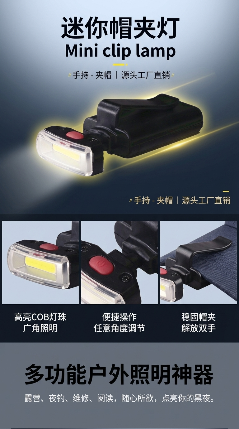 Factory direct sales of cob floodlight outdoor lithium battery cap clamp lamp led headlamp, head-mounted searchlight, night fishing headlamp pic 1