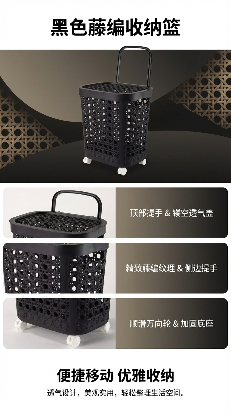 黑色编织纹理带轮手提收纳篮防藤编脏衣篓PP料塑料筐收纳置物篮详情1