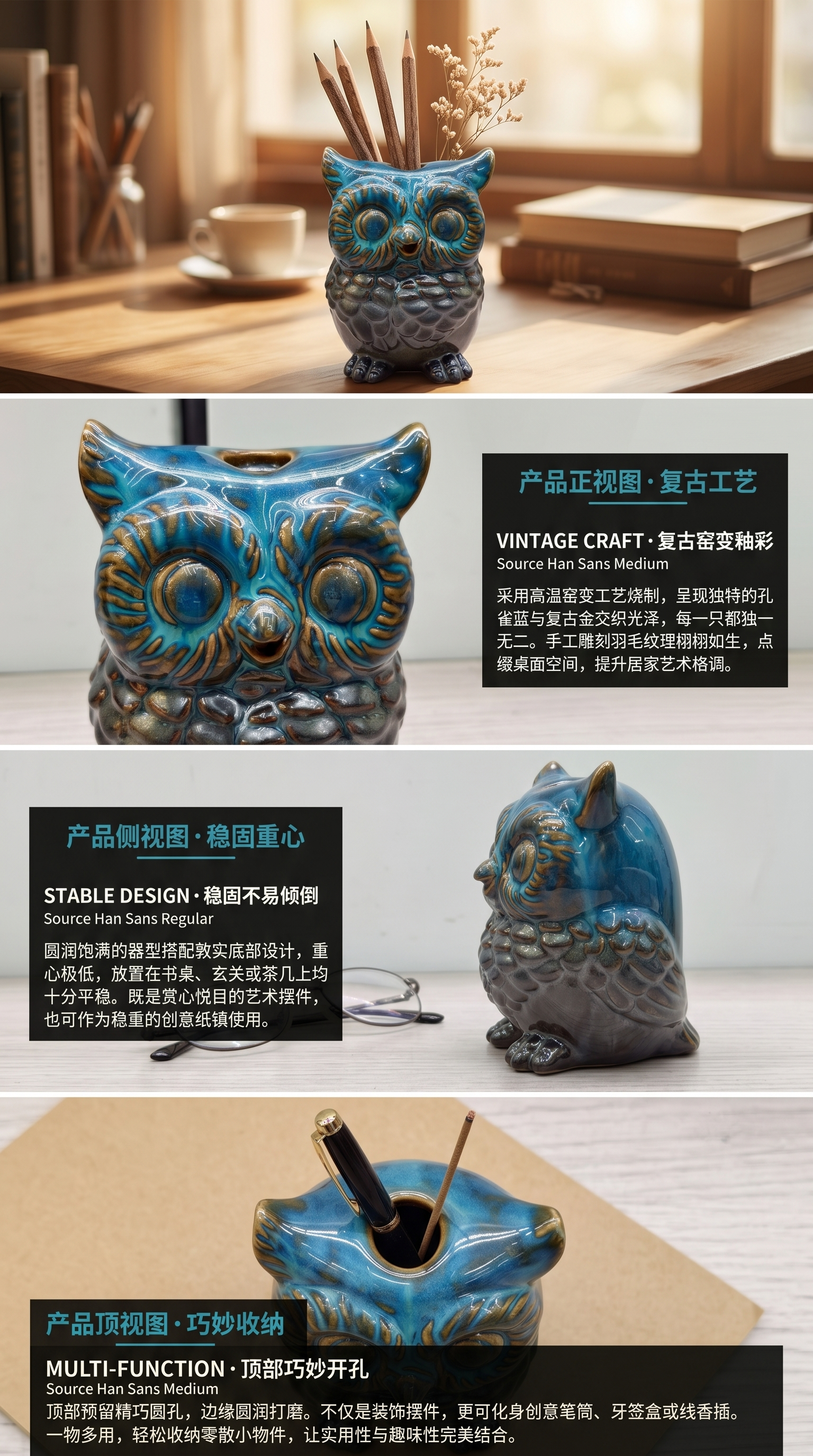 陶瓷猫头鹰摆件家居装饰品客厅书房桌面摆设详情2