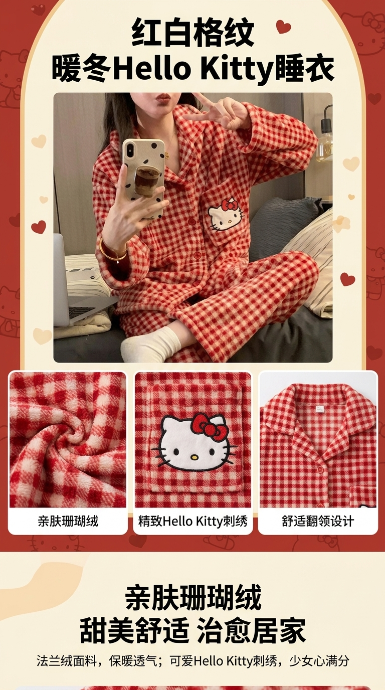 红色格子Hello Kitty儿童莫代尔棉睡衣套装居家服童装详情1