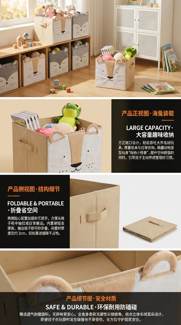 卡通玩具收纳盒，无纺布动物贴图收纳盒，多款式，可定制详情2