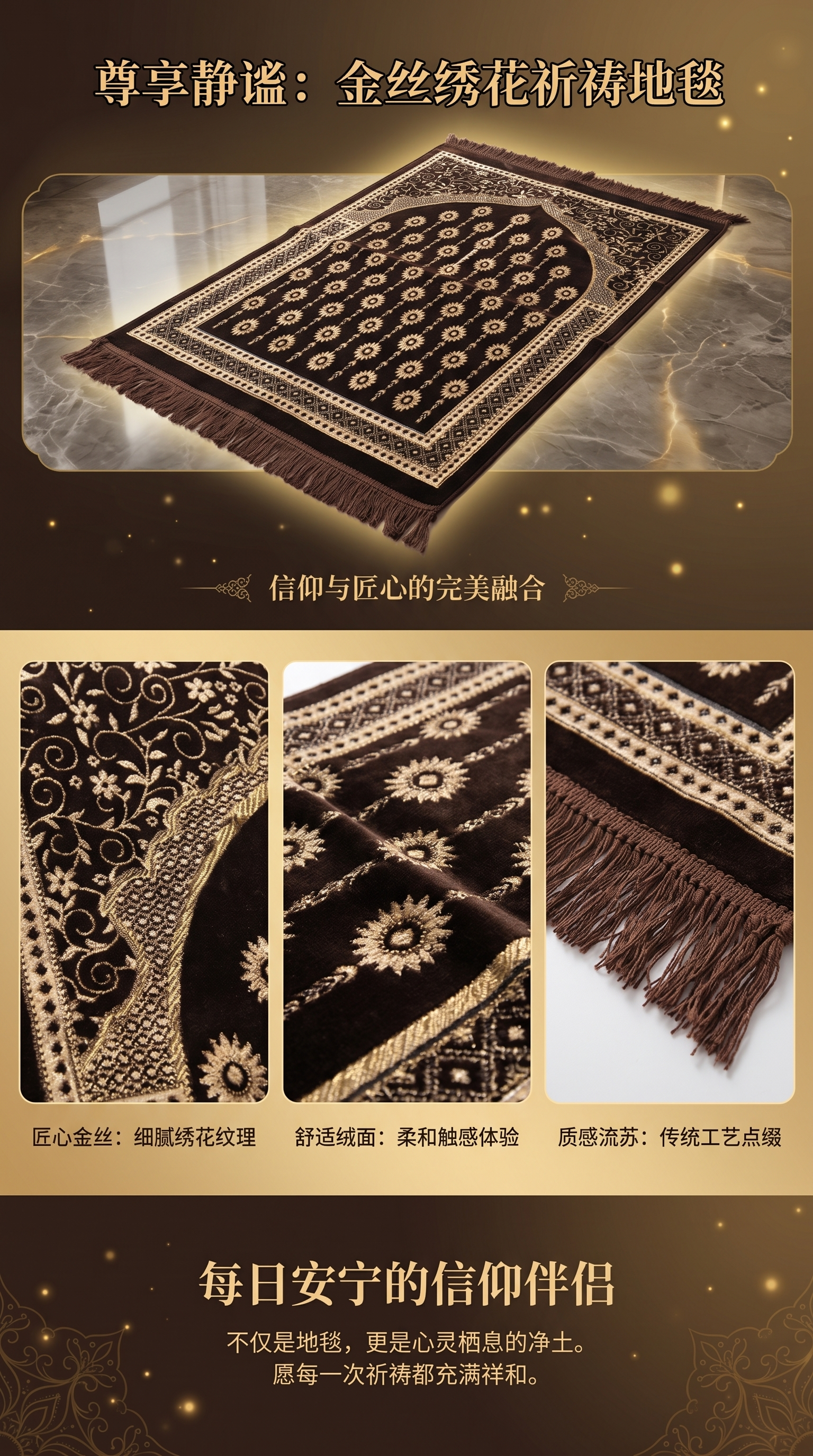 沙特阿拉伯穆斯林专用祷告毯礼拜毯朝拜毯70×110CM黑色金色花纹加厚佛具用品礼拜毯佛寺拜垫详情1