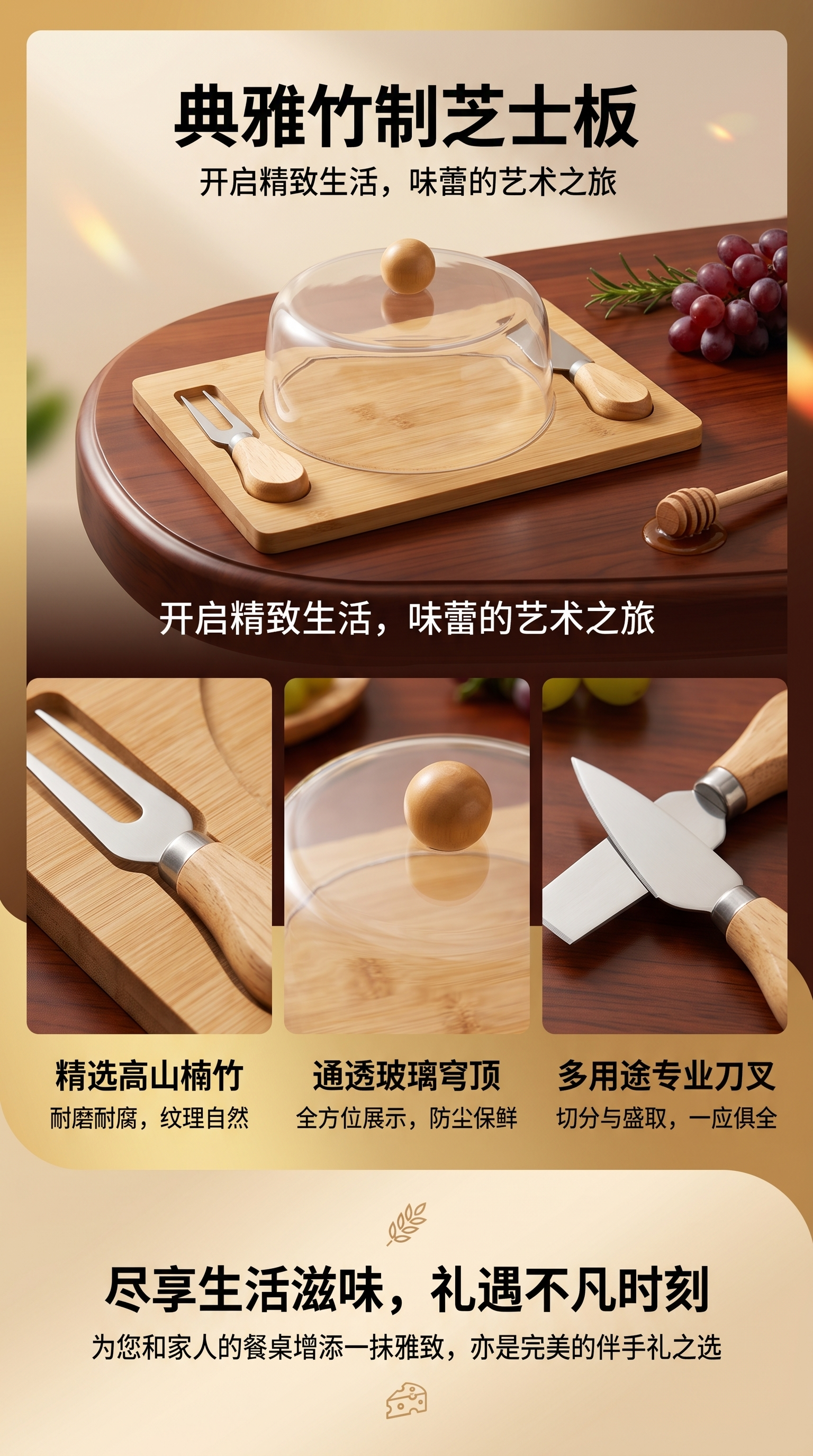 木质砧板配玻璃罩奶酪刀奶酪叉套装详情1