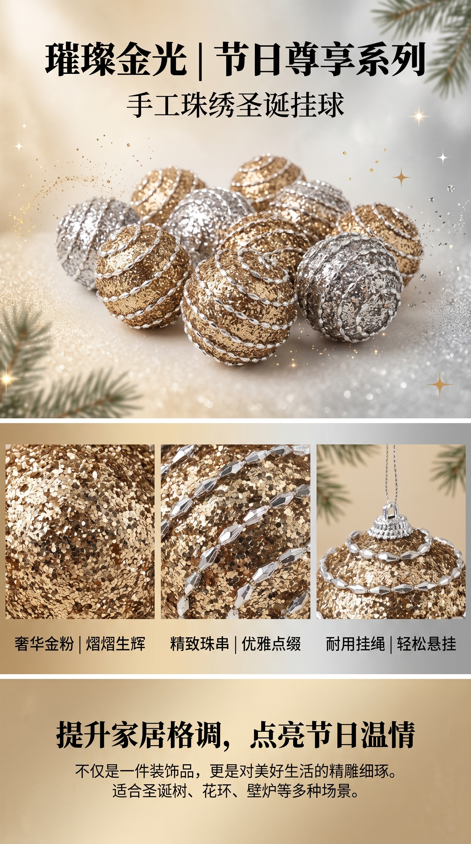 金色闪粉圣诞球圣诞树挂件圣诞场景布置详情1