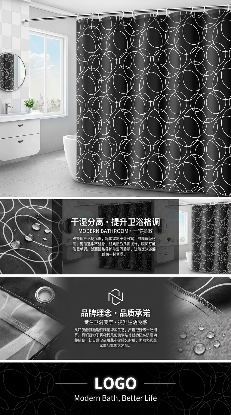 黑色底白色圆圈图案透明浴帘窗帘帘子浴室帘帘幔浴帘透明浴帘详情3