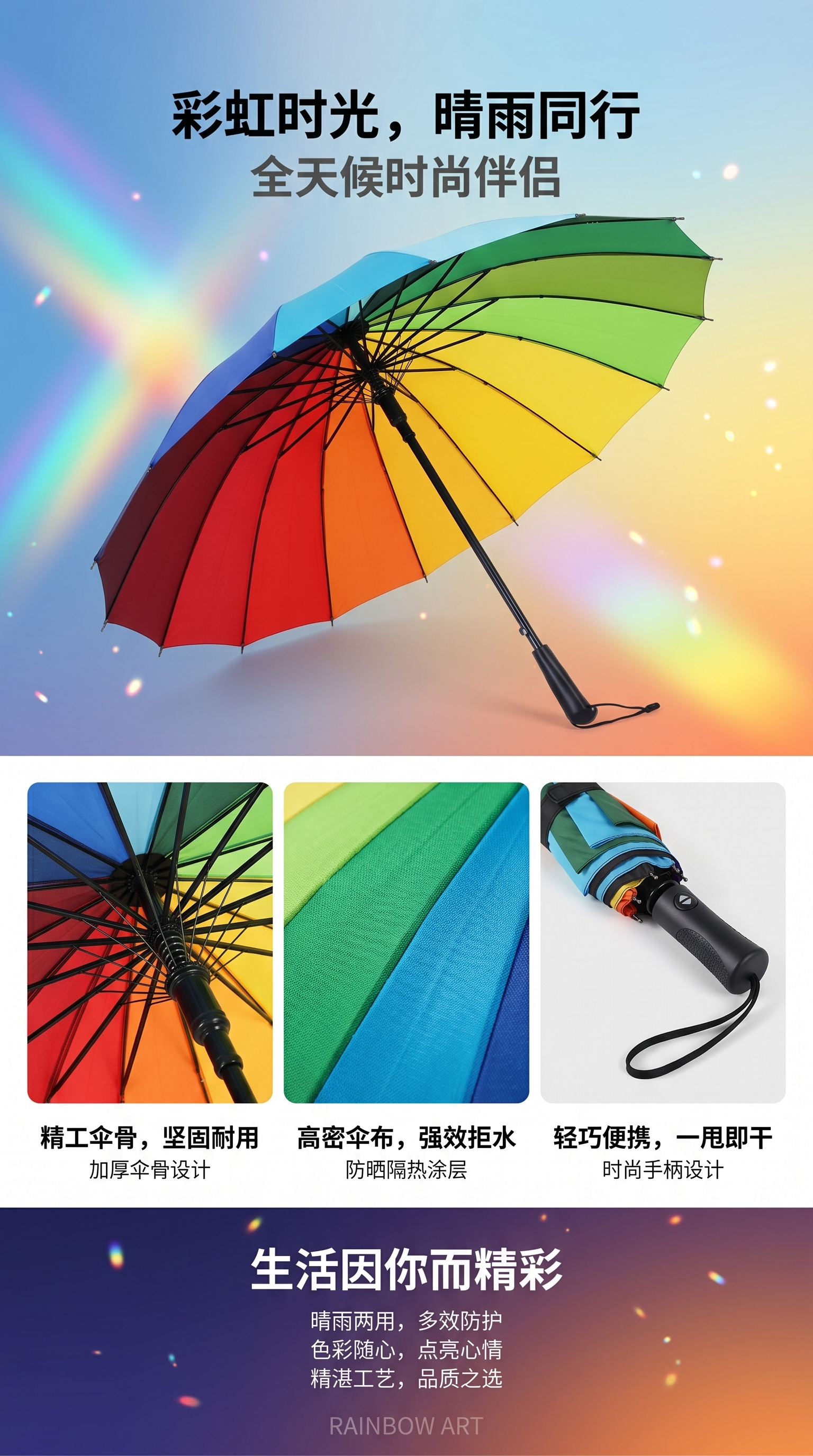 Rainbow-colored folding umbrella for both weather and rain is waterproof, sun-proof, lightweight and portable, with a high level of appearance pic 1